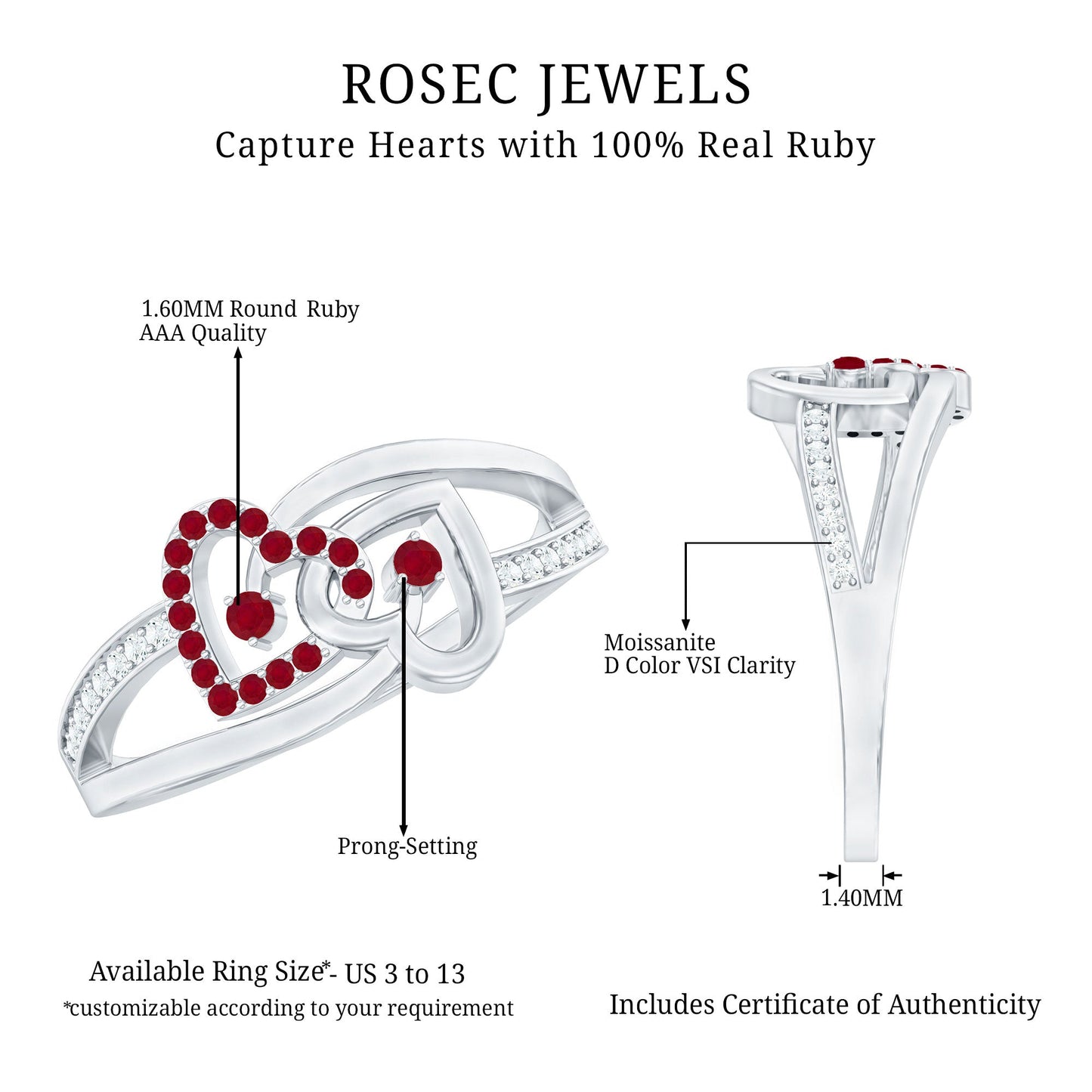 Natural Ruby Double Heart Promise Ring for Women