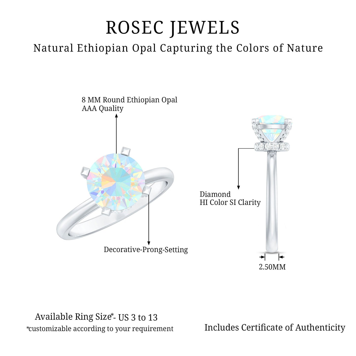 Genuine 8mm Opalescent Hidden Halo Engagement Ring with Diamond