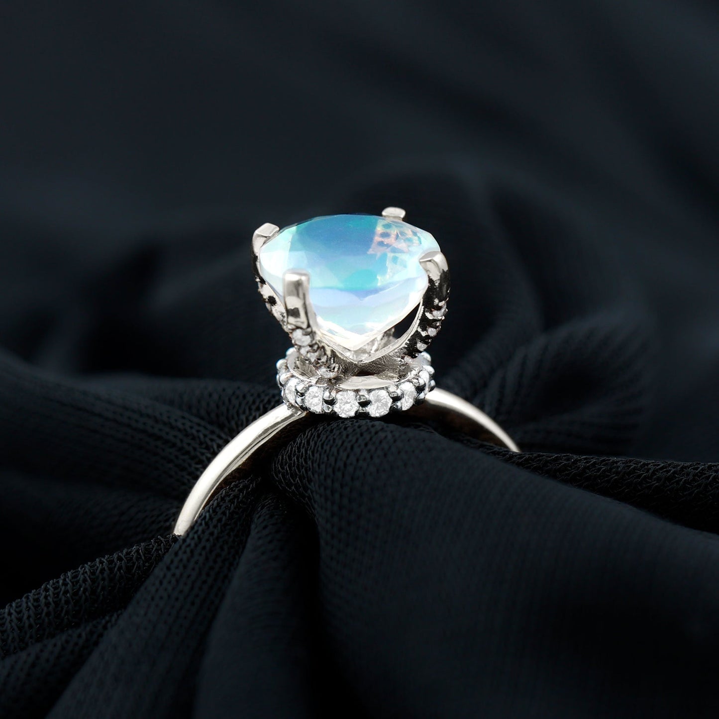 Genuine 8mm Opalescent Hidden Halo Engagement Ring with Diamond