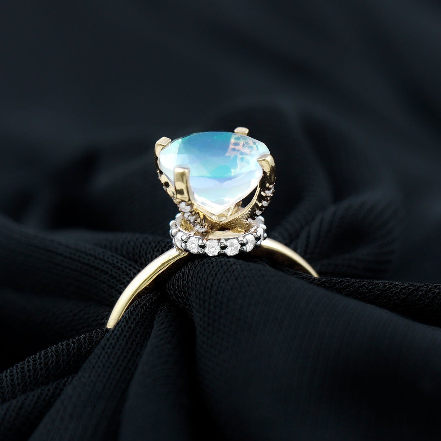 Genuine 8mm Opalescent Hidden Halo Engagement Ring with Diamond