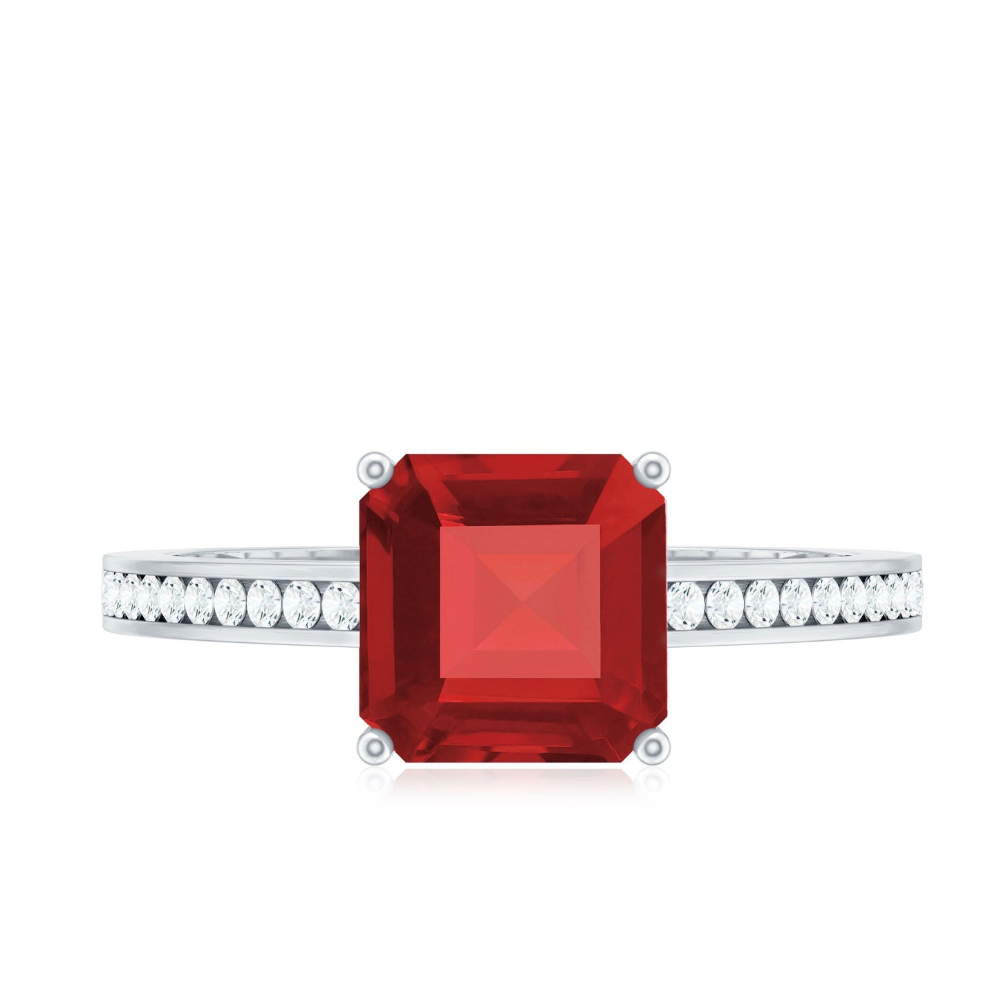 4.25 CT Asscher Cut Created Ruby Solitaire Engagement Ring with Diamond Side Stones