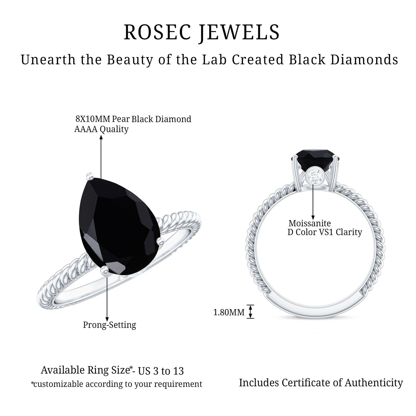 4.8 Carat Lab Grown Black Diamond Pear Shaped Engagement Ring with Hidden Moissanite