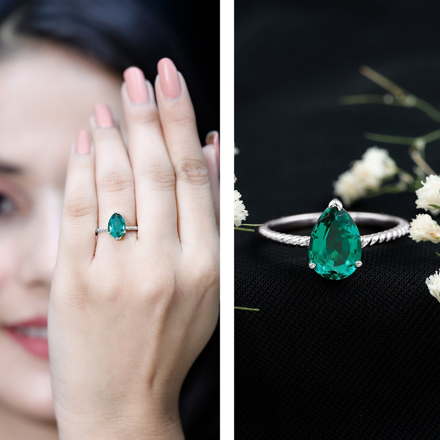 Lab Created Emerald 7X10 mm Pear Shape Engagement Ring With Hidden Moissanite