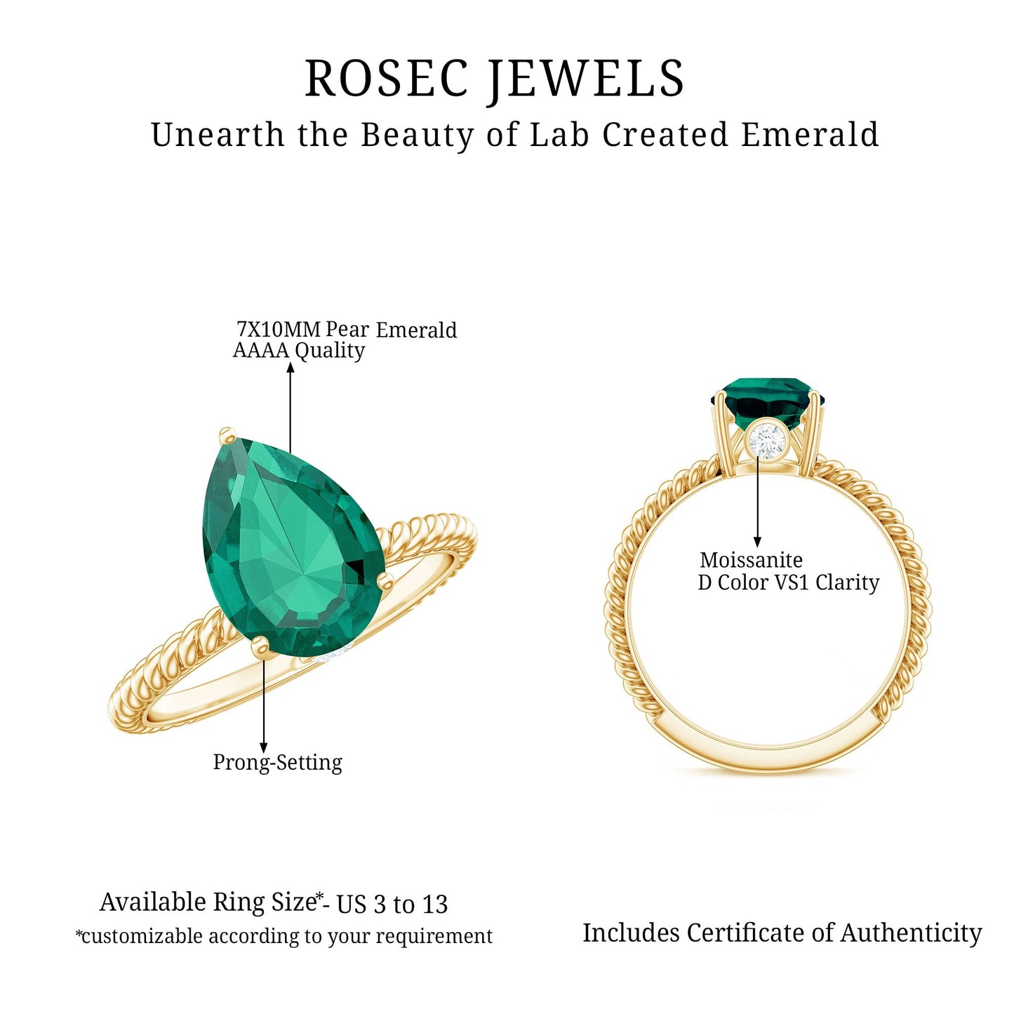Lab Created Emerald 7X10 mm Pear Shape Engagement Ring With Hidden Moissanite
