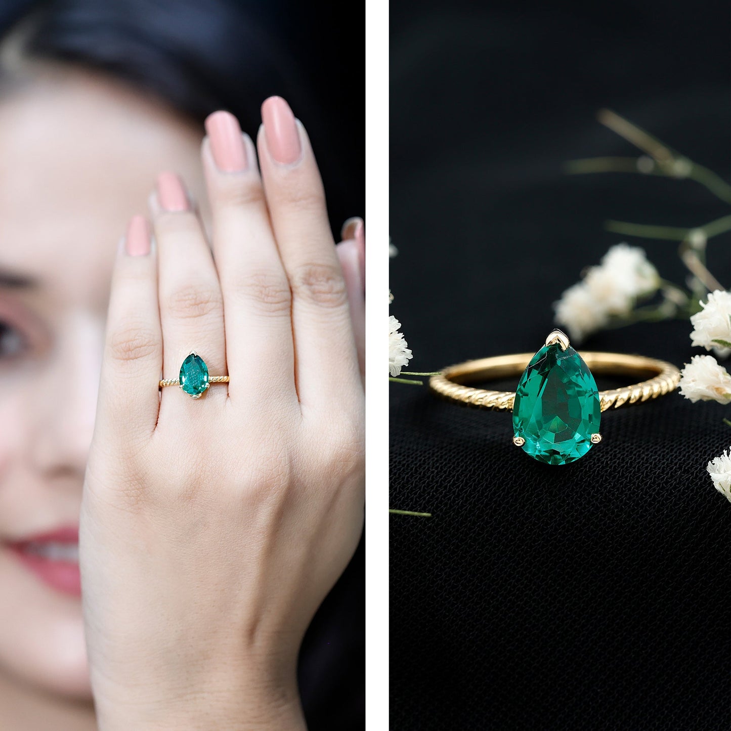 Lab Created Emerald 7X10 mm Pear Shape Engagement Ring With Hidden Moissanite