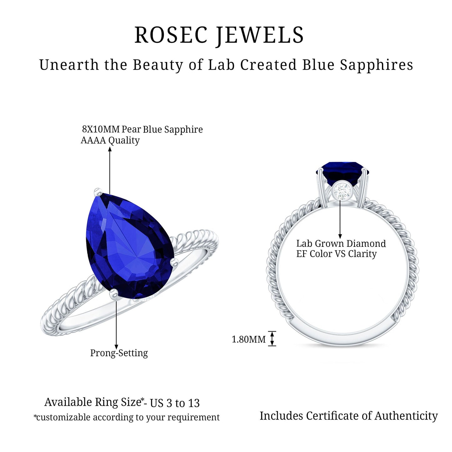 Certified 3 Carat Lab Grown Blue Sapphire Pear Shaped Engagement Ring
