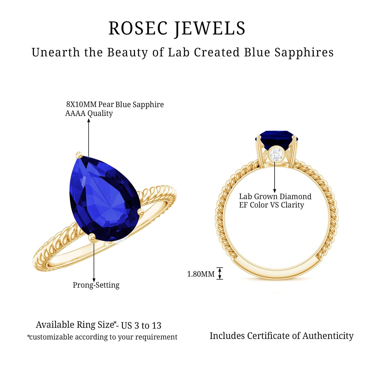Certified 3 Carat Lab Grown Blue Sapphire Pear Shaped Engagement Ring
