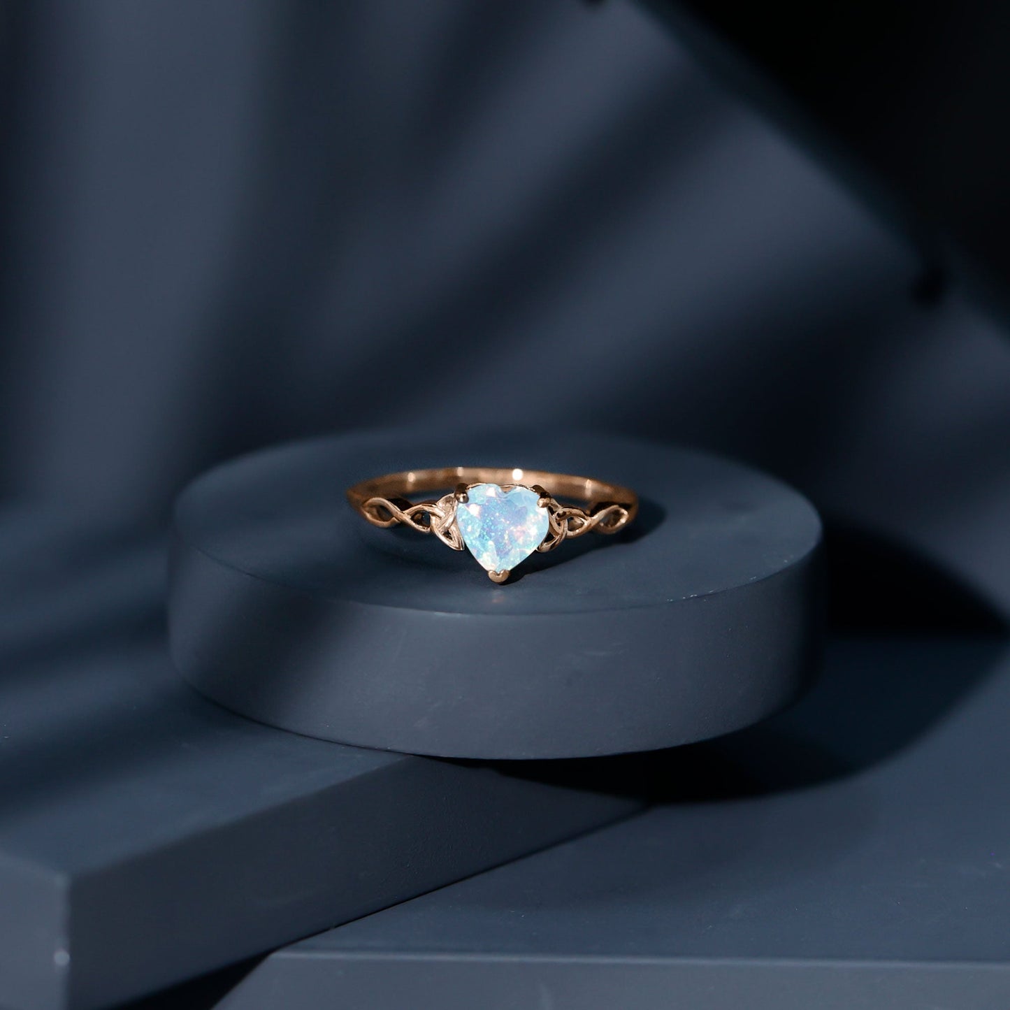 Certified 8 mm Ethiopian Opal Heart Engagement Ring with Celtic Knot