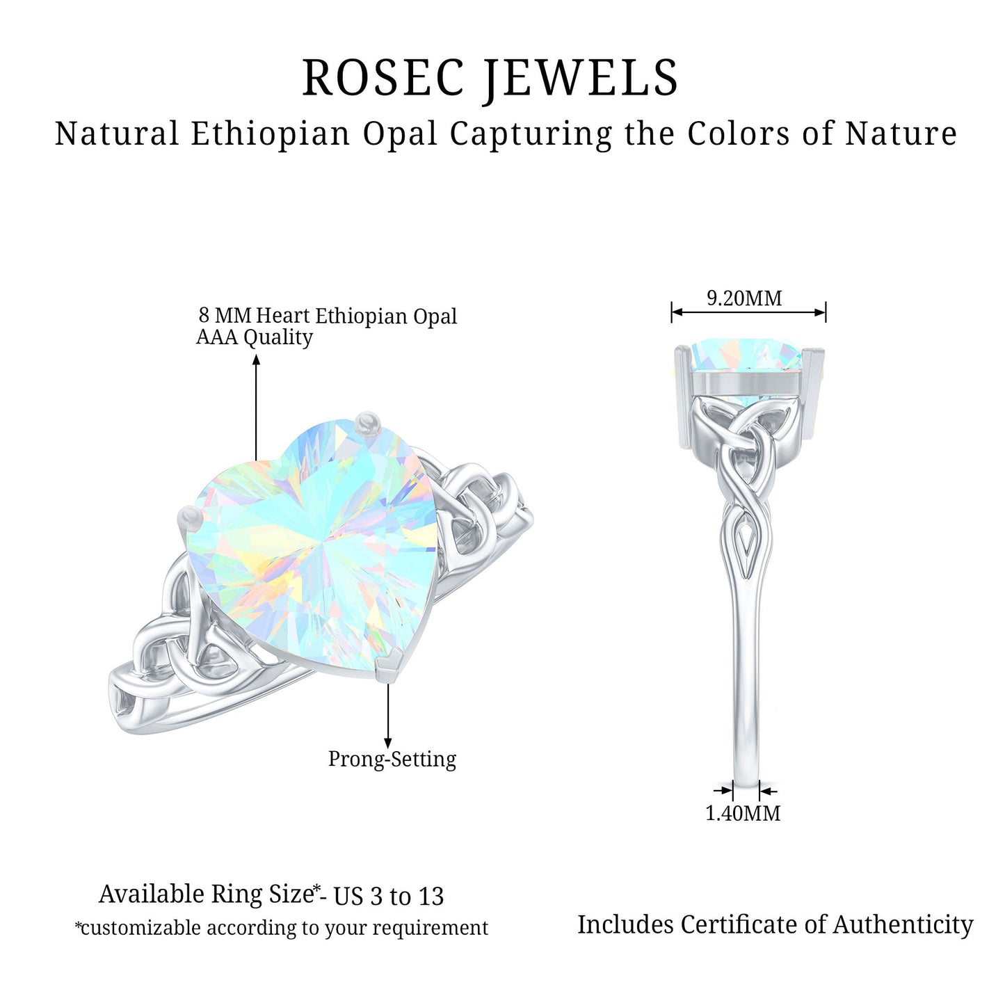Certified 8 mm Ethiopian Opal Heart Engagement Ring with Celtic Knot