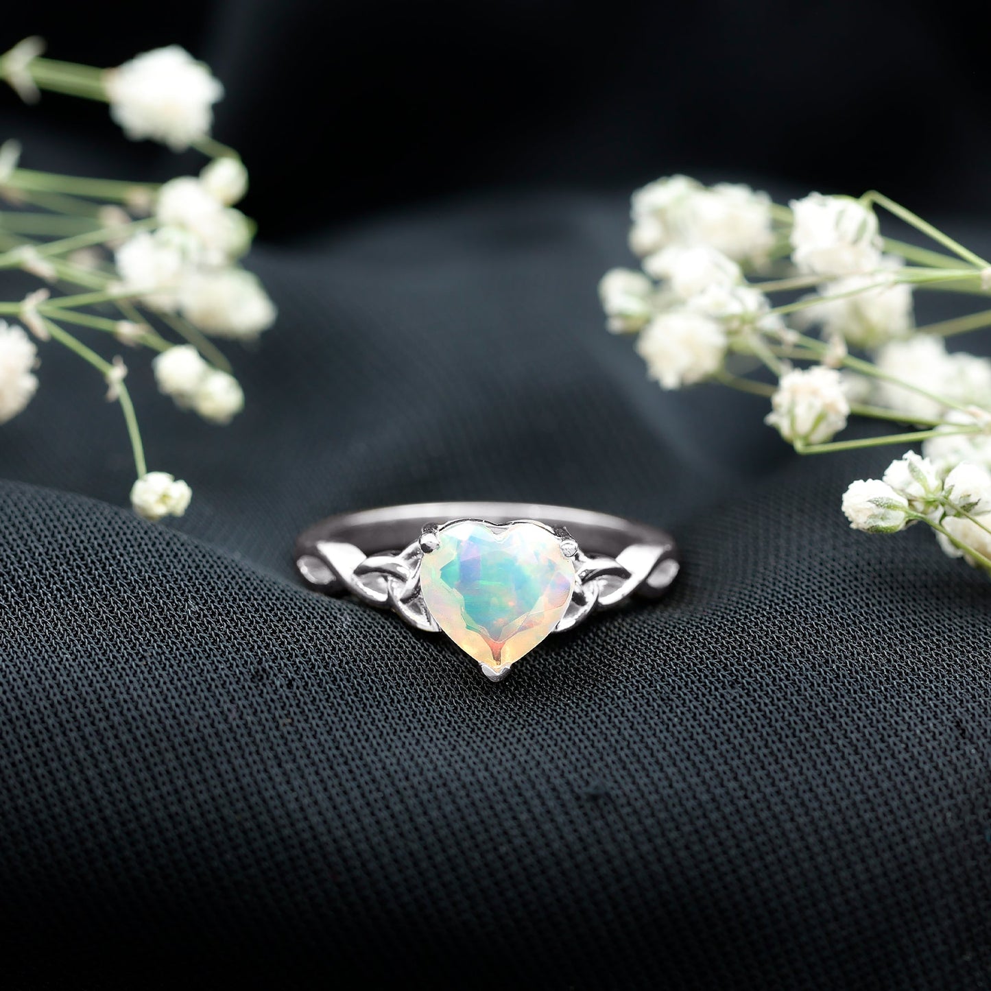 Certified 8 mm Ethiopian Opal Heart Engagement Ring with Celtic Knot