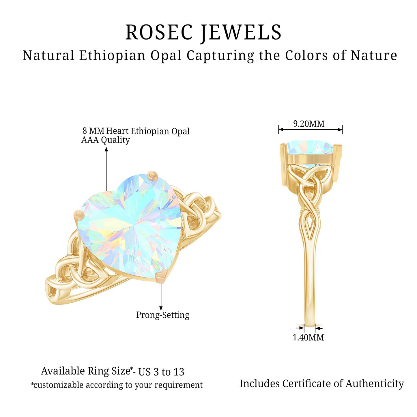Certified 8 mm Ethiopian Opal Heart Engagement Ring with Celtic Knot