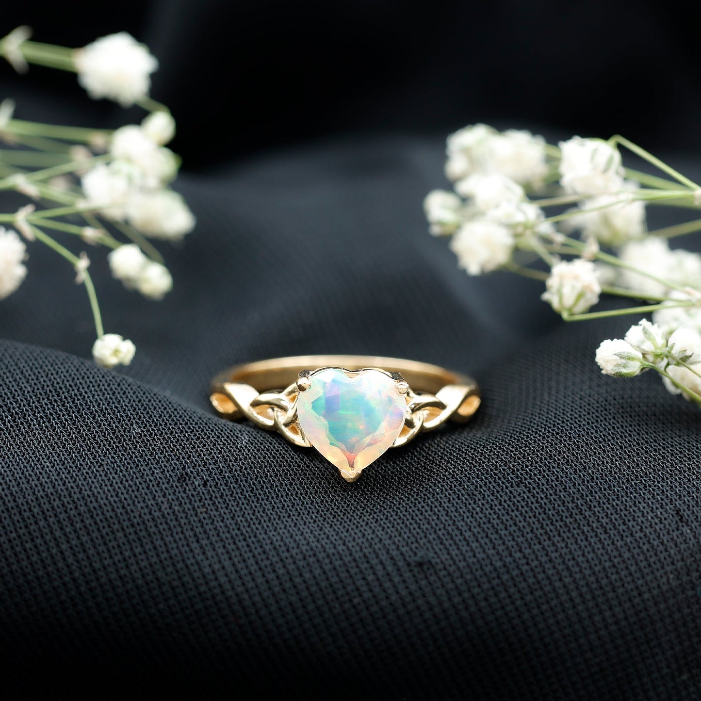 Certified 8 mm Ethiopian Opal Heart Engagement Ring with Celtic Knot