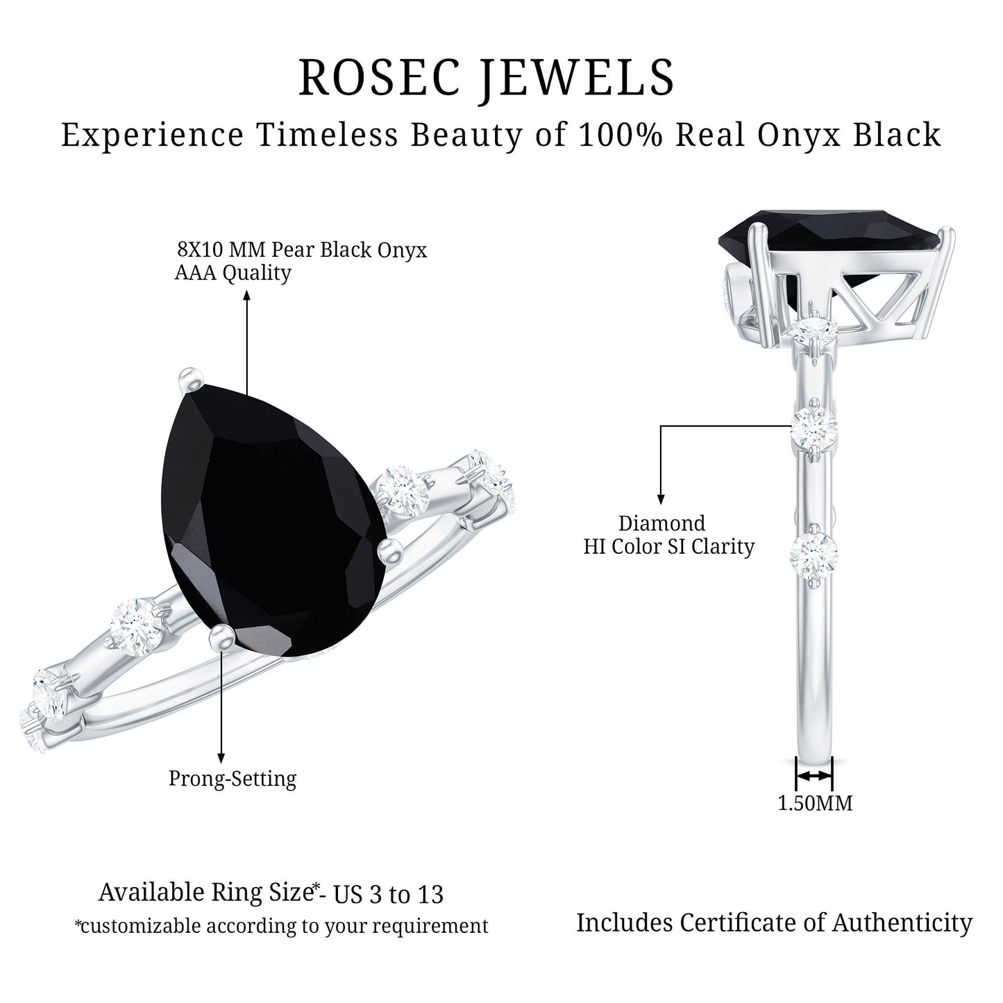 Pear Shape Black Onyx Solitaire Engagement Ring with Diamond