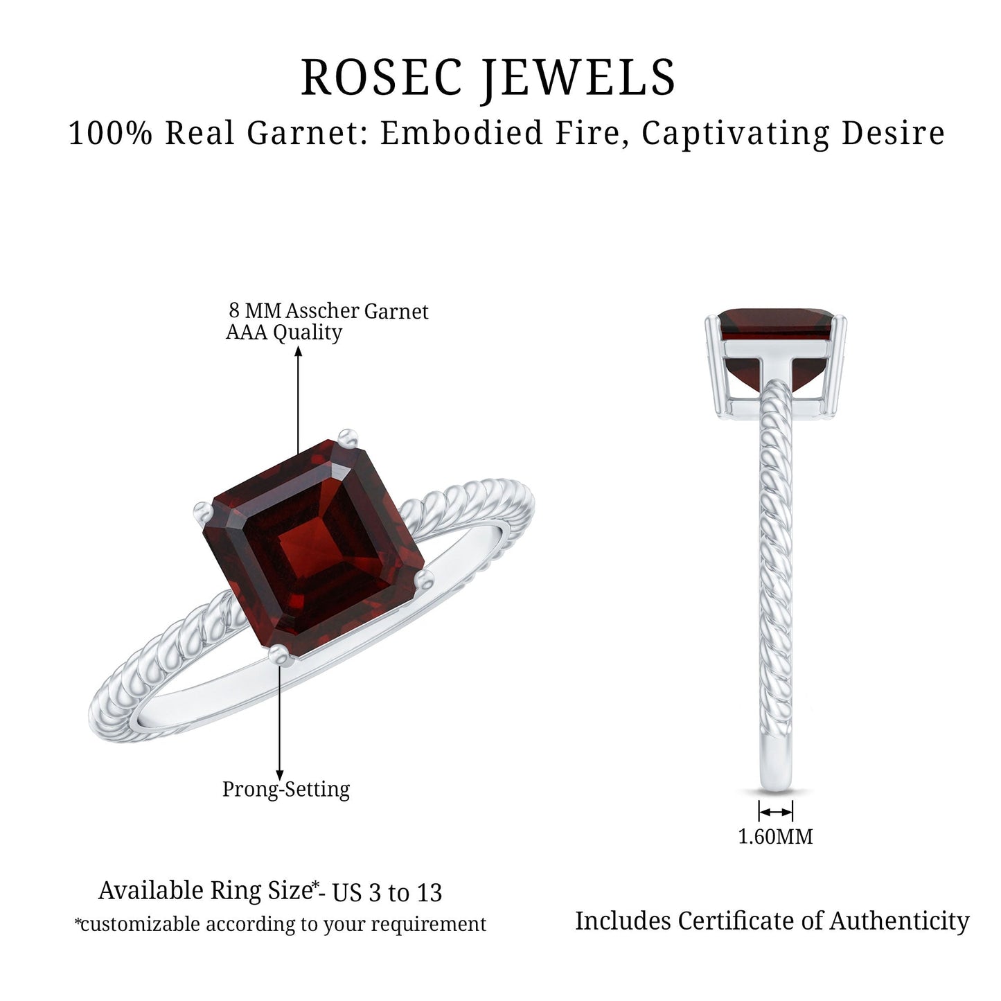 Natural 8mm Garnet Asscher Cut Engagement Ring with Twisted Rope