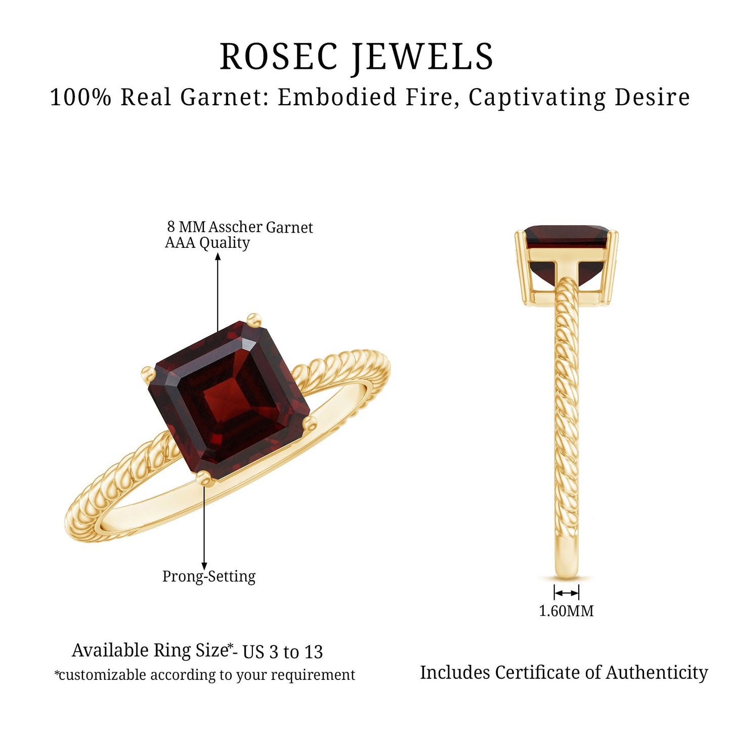 Natural 8mm Garnet Asscher Cut Engagement Ring with Twisted Rope