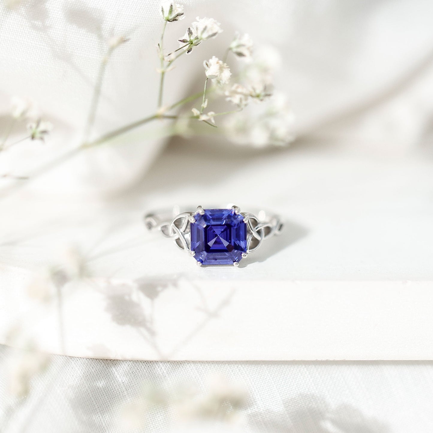 Certified 4 Carat Asscher Cut Lab Created Blue Sapphire Celtic Knot Engagement Ring
