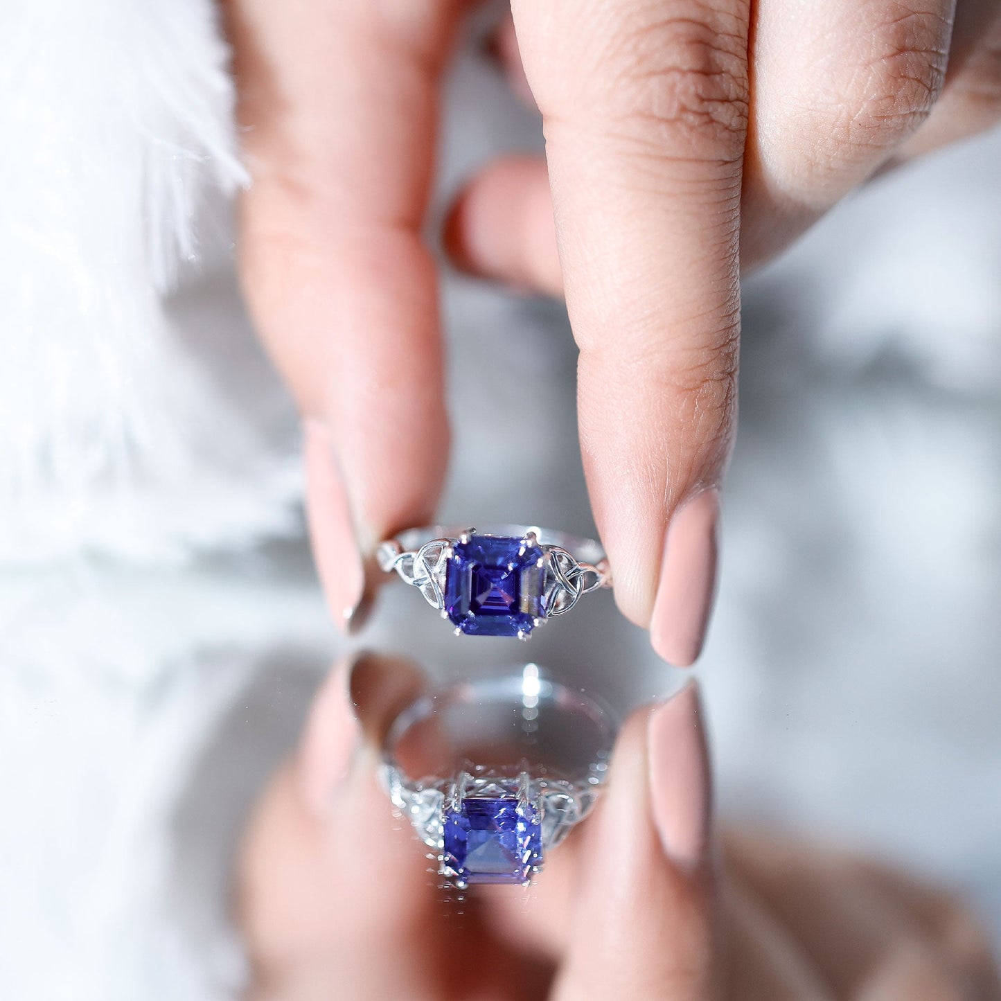 Certified 4 Carat Asscher Cut Lab Created Blue Sapphire Celtic Knot Engagement Ring