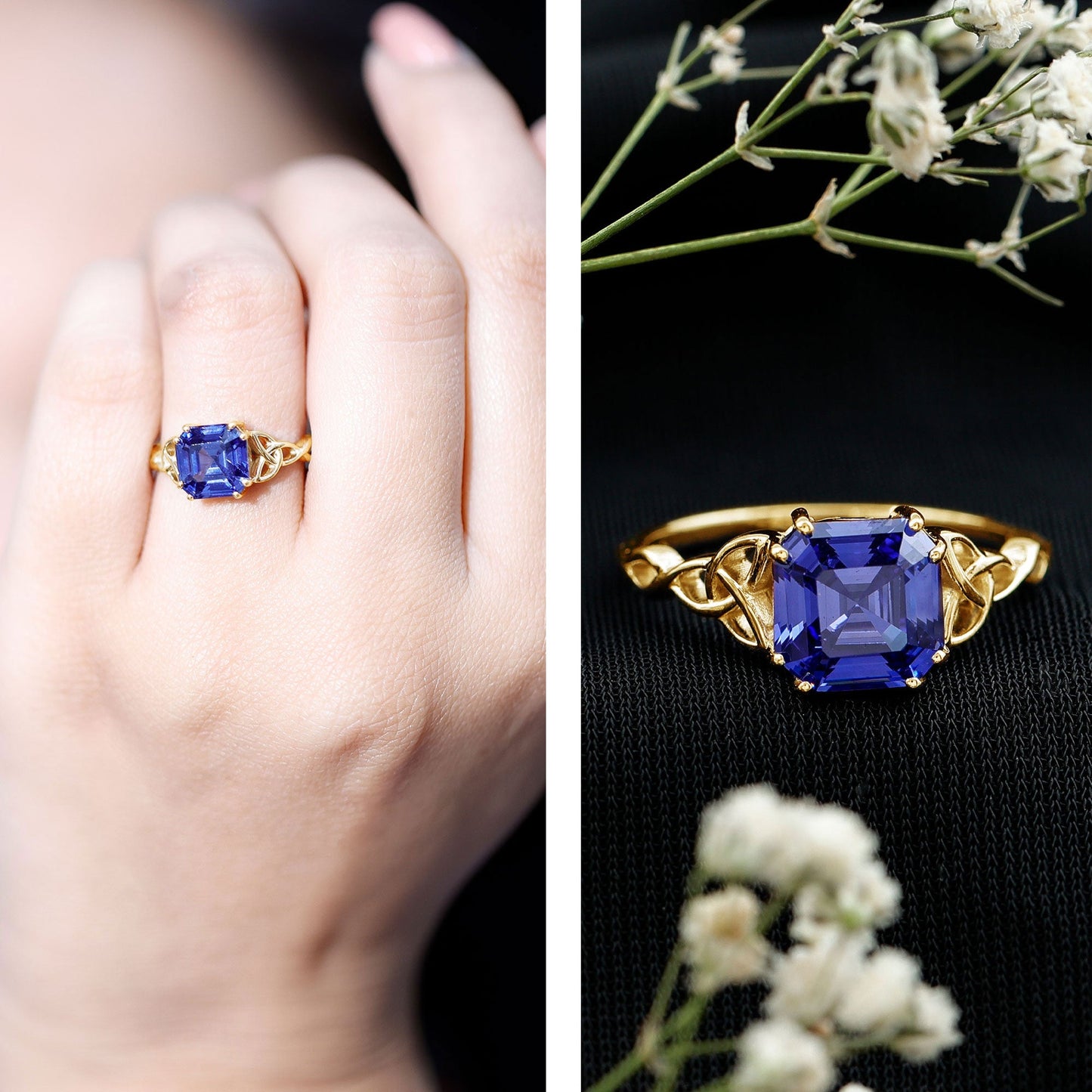 Certified 4 Carat Asscher Cut Lab Created Blue Sapphire Celtic Knot Engagement Ring