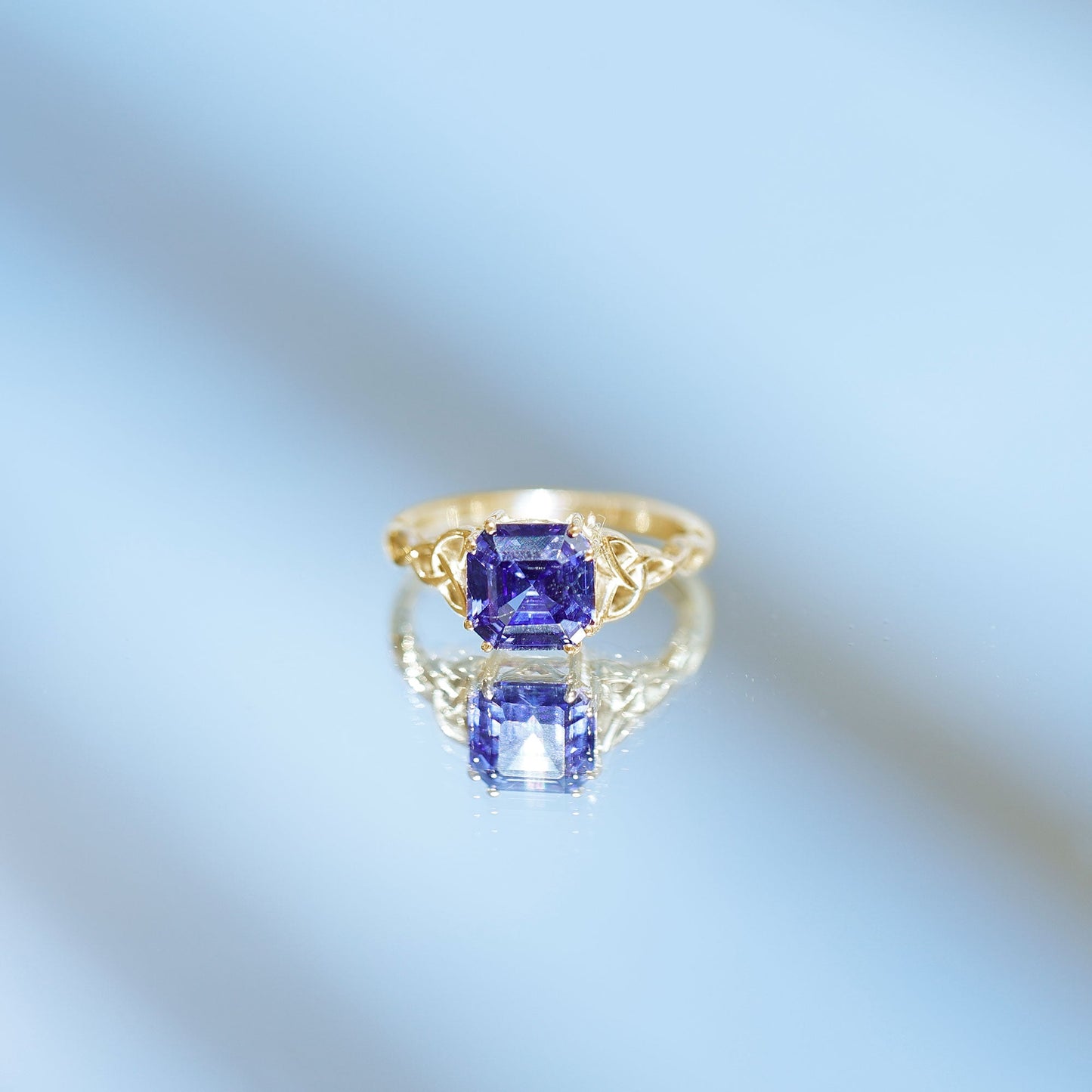 Certified 4 Carat Asscher Cut Lab Created Blue Sapphire Celtic Knot Engagement Ring