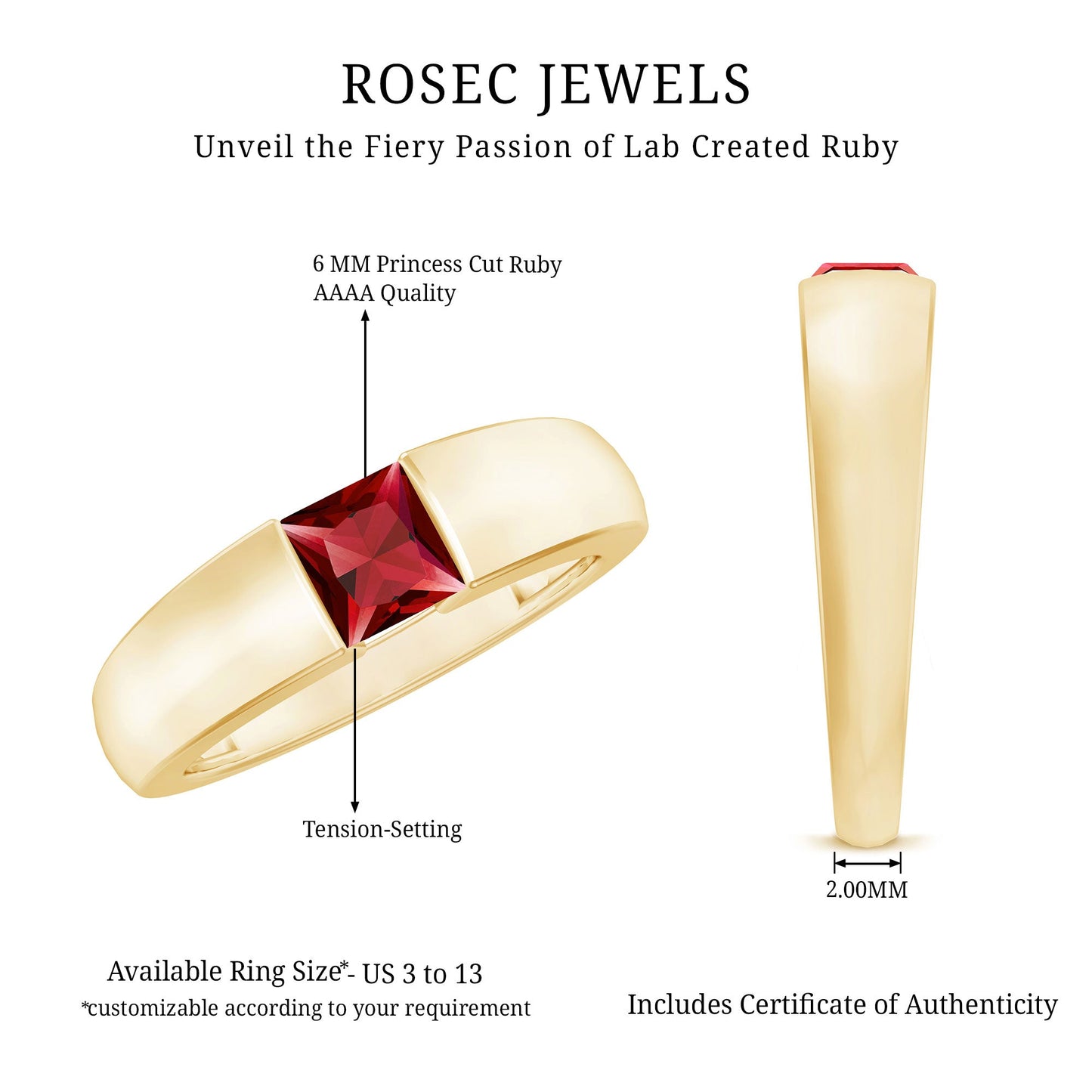 4.5 MM Tension Mount Set Princess Cut Created Ruby Unisex Engagement Ring