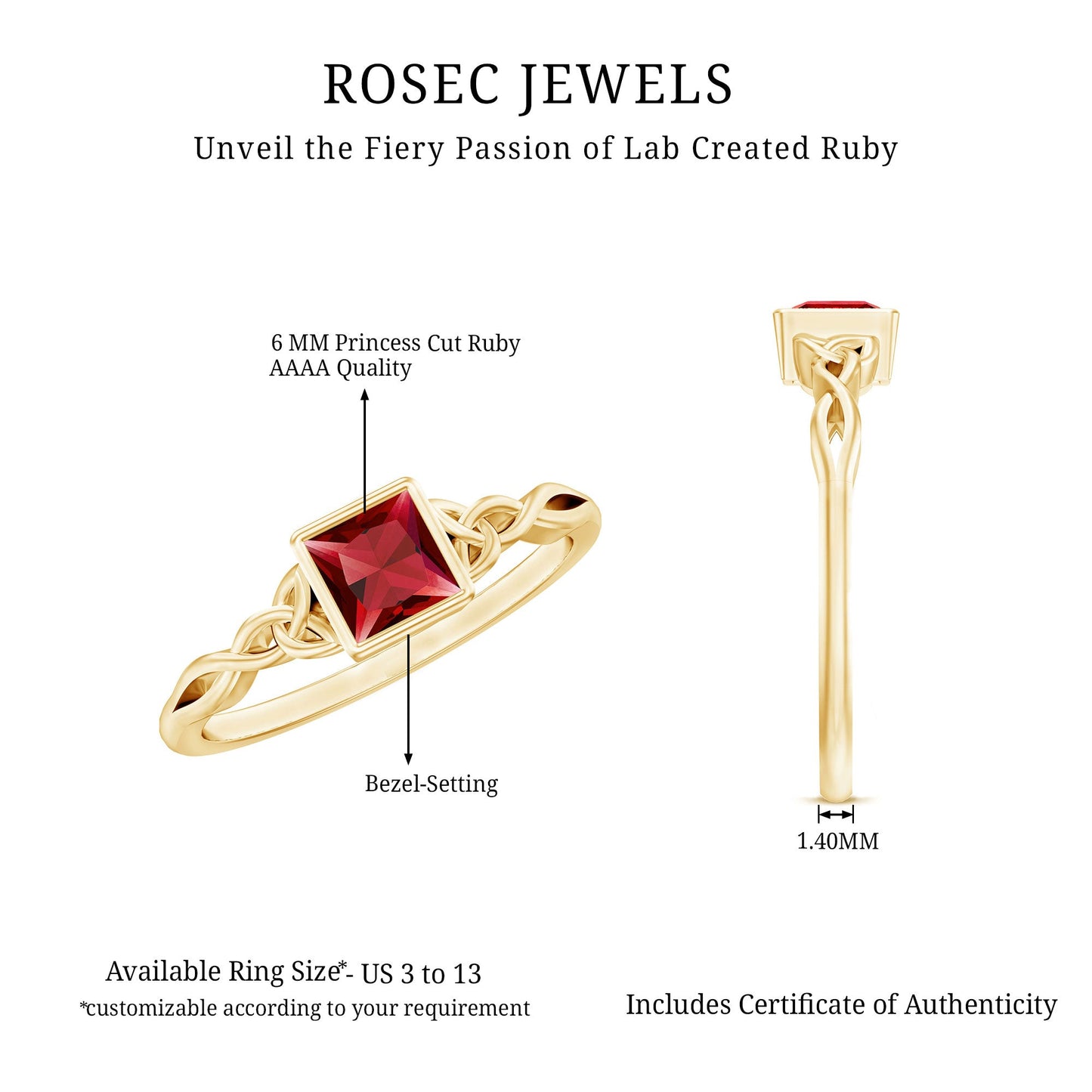 Certified 1.5 Carat Lab Grown Ruby Princess Cut Promise Ring with Celtic Knot