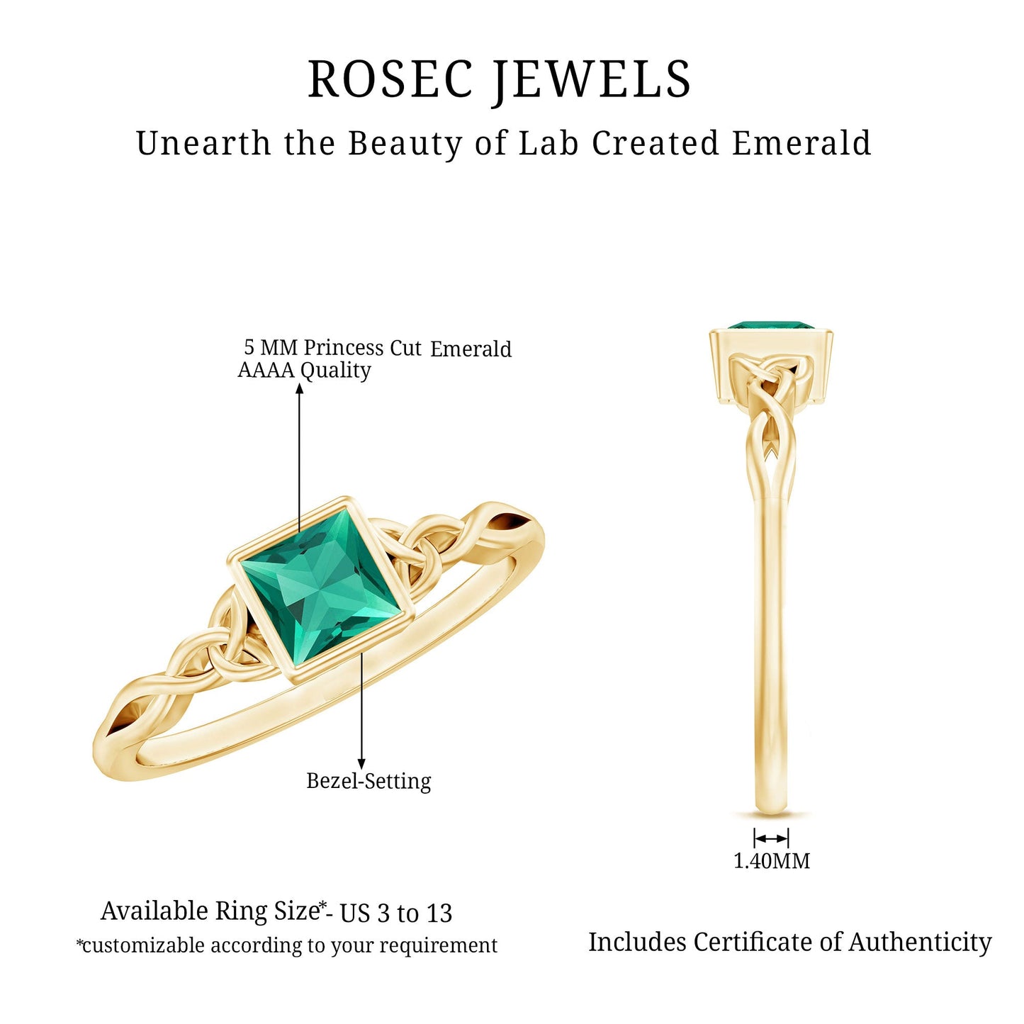 Certified Princess Cut Lab Grown Emerald Celtic Promise Ring