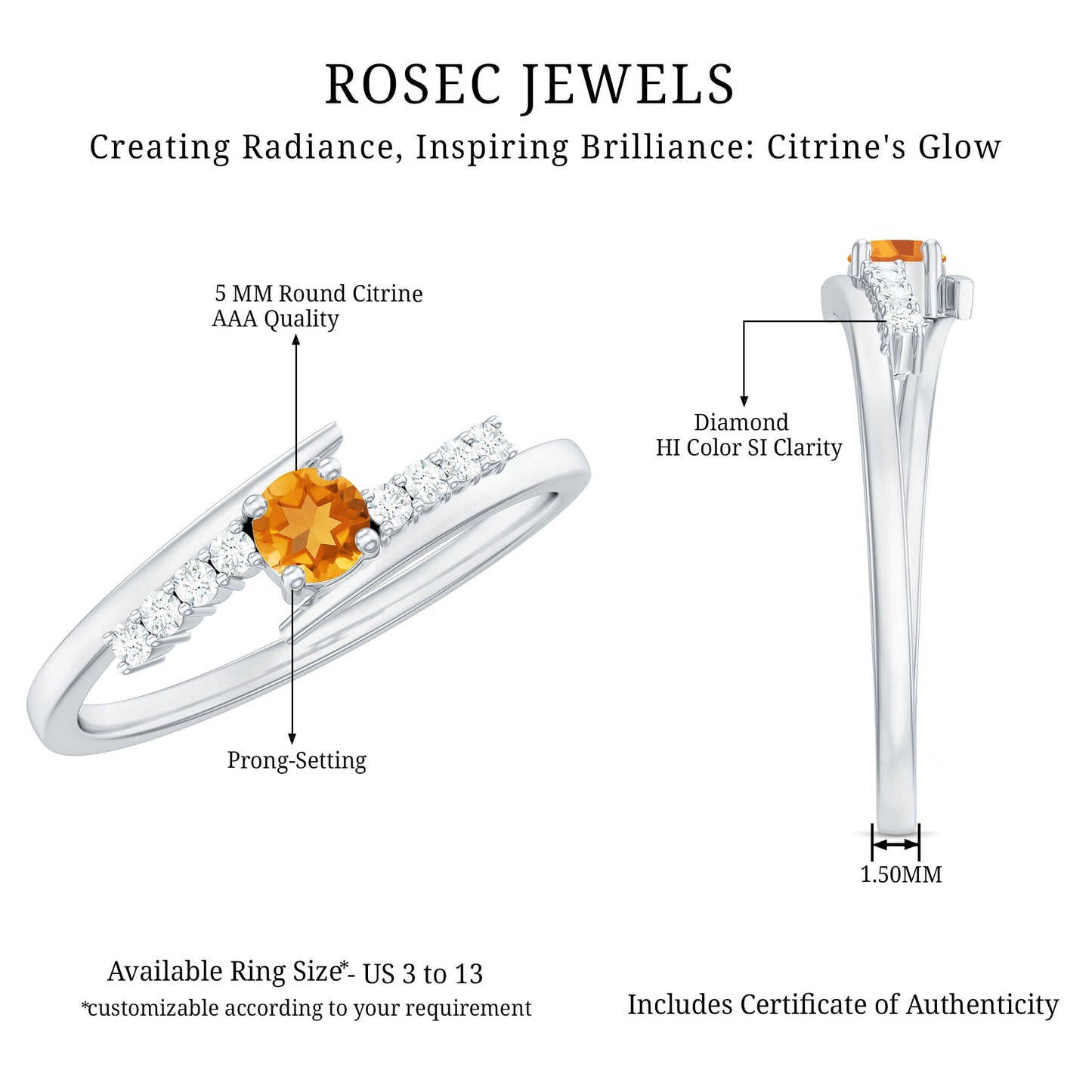 Natural Citrine Promise Ring with Diamond Bypass Shank