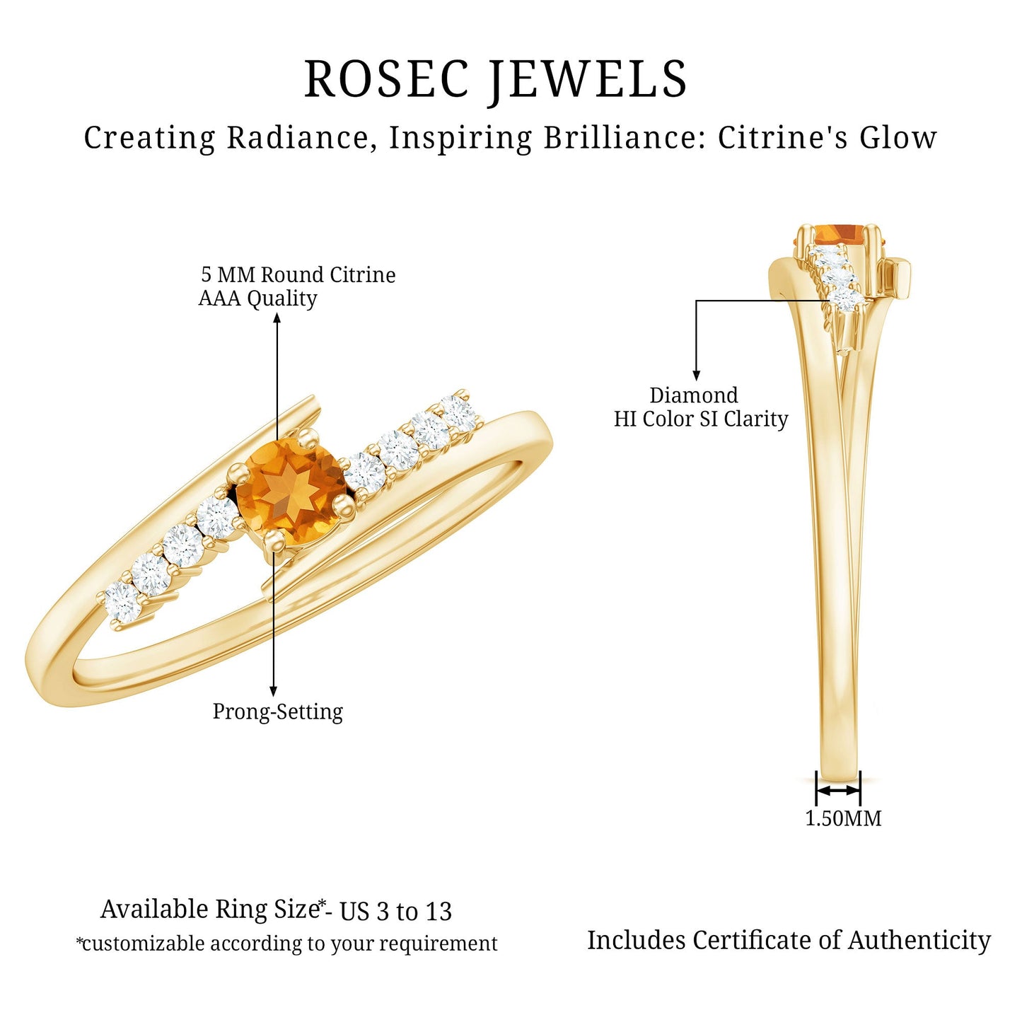 Natural Citrine Promise Ring with Diamond Bypass Shank