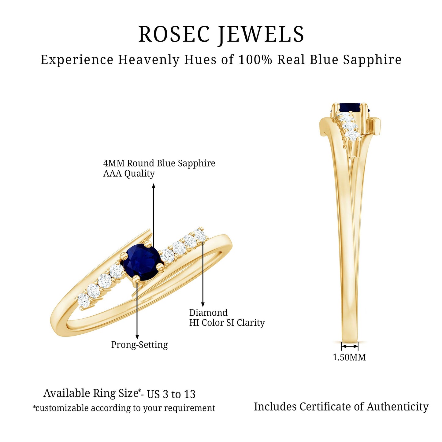 Minimal Round Blue Sapphire and Diamond Bypass Promise Ring