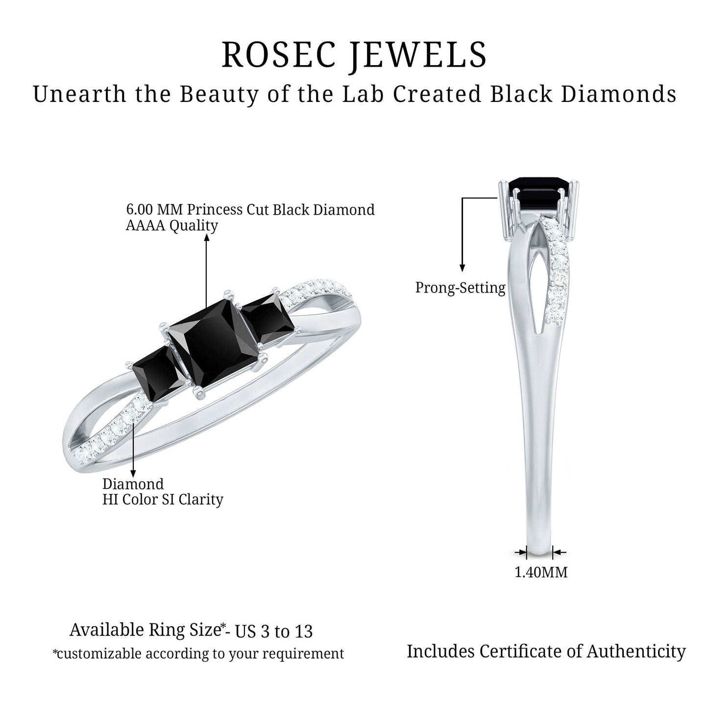 Certified Lab Grown Black Diamond 3 Stone Engagement Ring with White Diamond