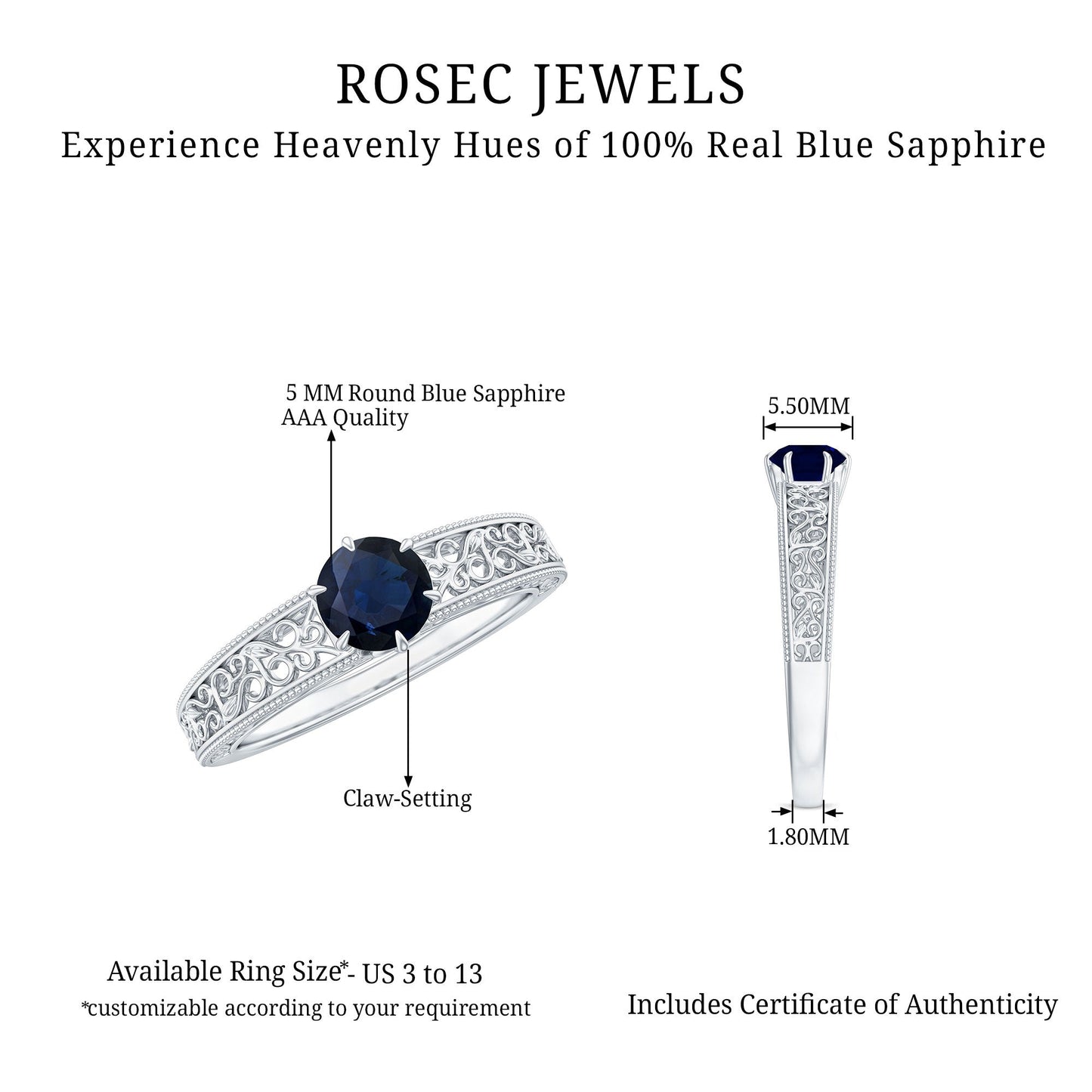 1 CT Round Cut Solitaire Blue Sapphire Filigree Engagement Ring