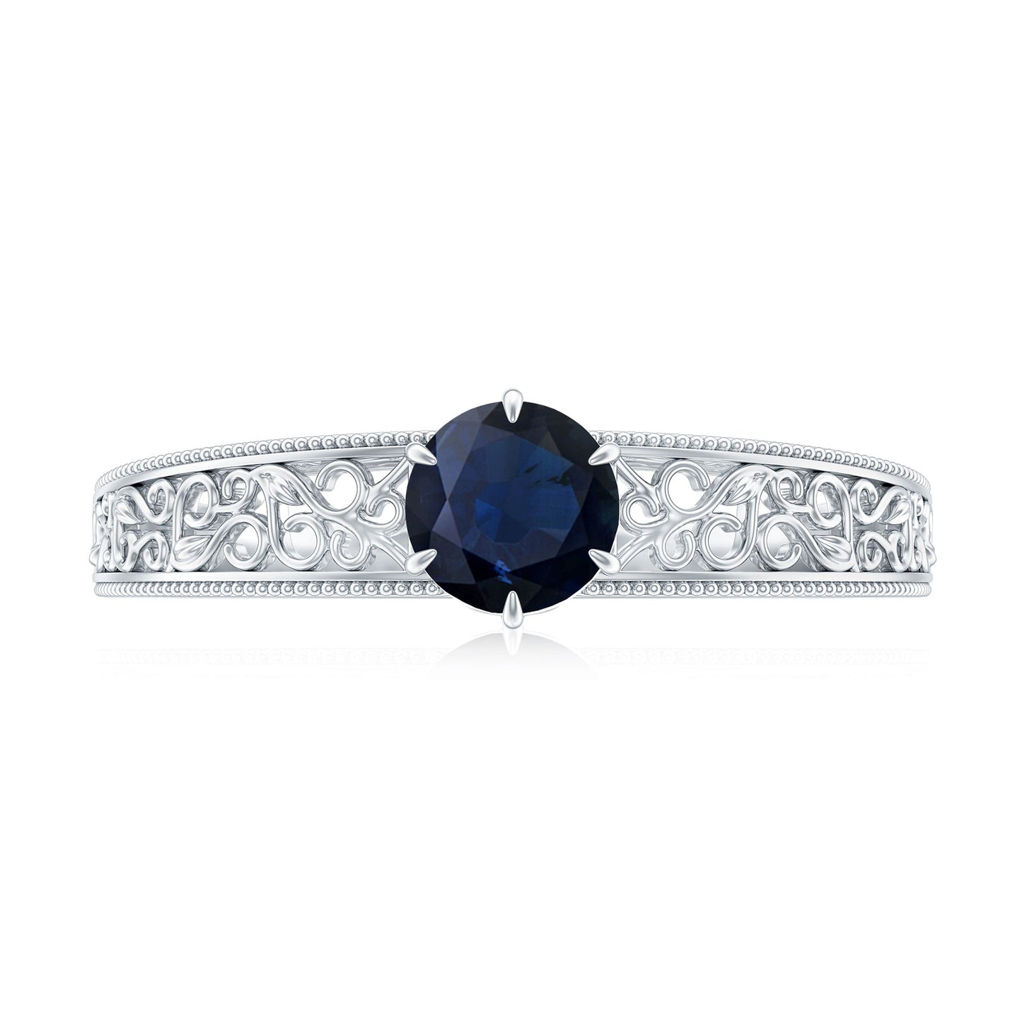 1 CT Round Cut Solitaire Blue Sapphire Filigree Engagement Ring