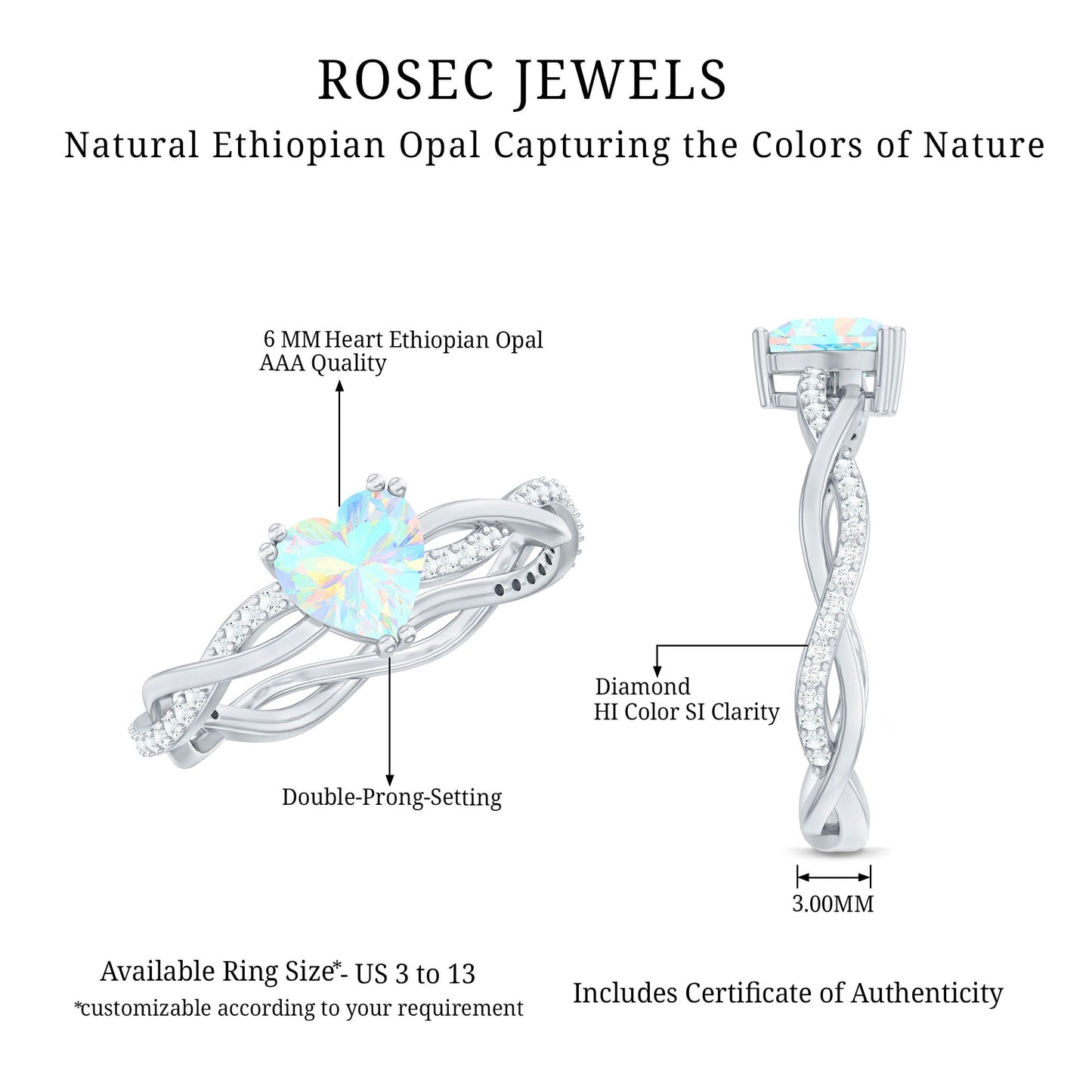 Natural Ethiopian Opal Diamond Heart Promise Engagement Ring