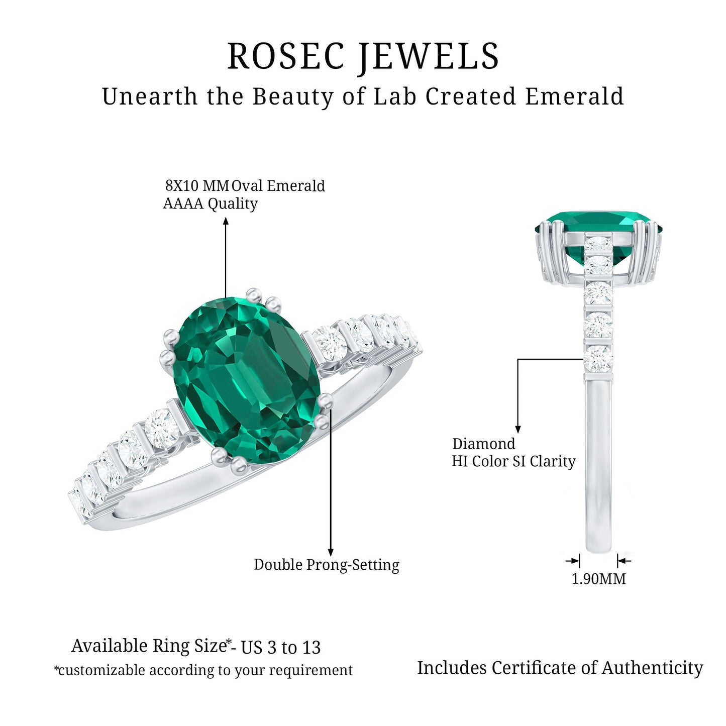 8x10mm Oval Cut Lab Created Emerald Solitaire Engagement Ring with Diamond