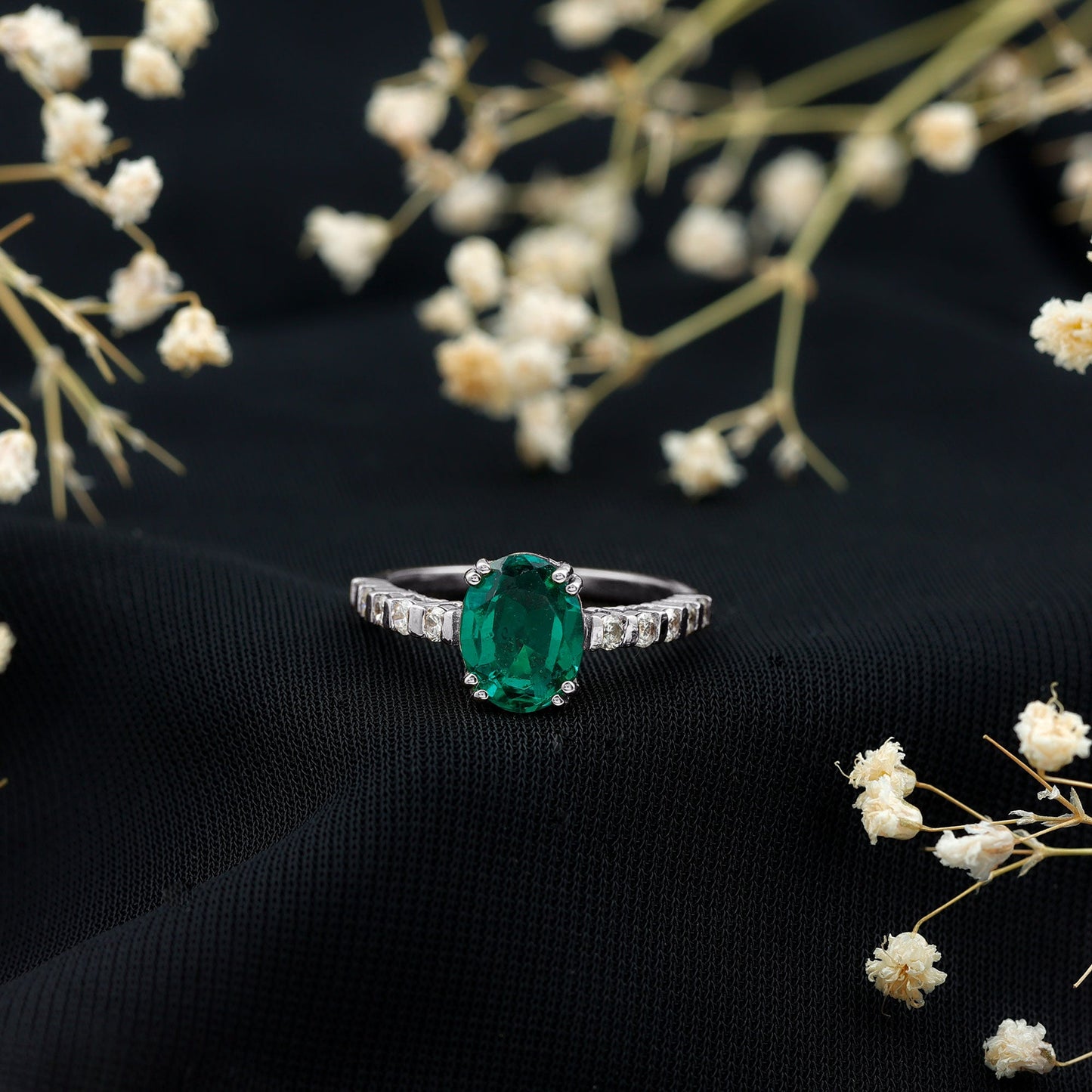 8x10mm Oval Cut Lab Created Emerald Solitaire Engagement Ring with Diamond