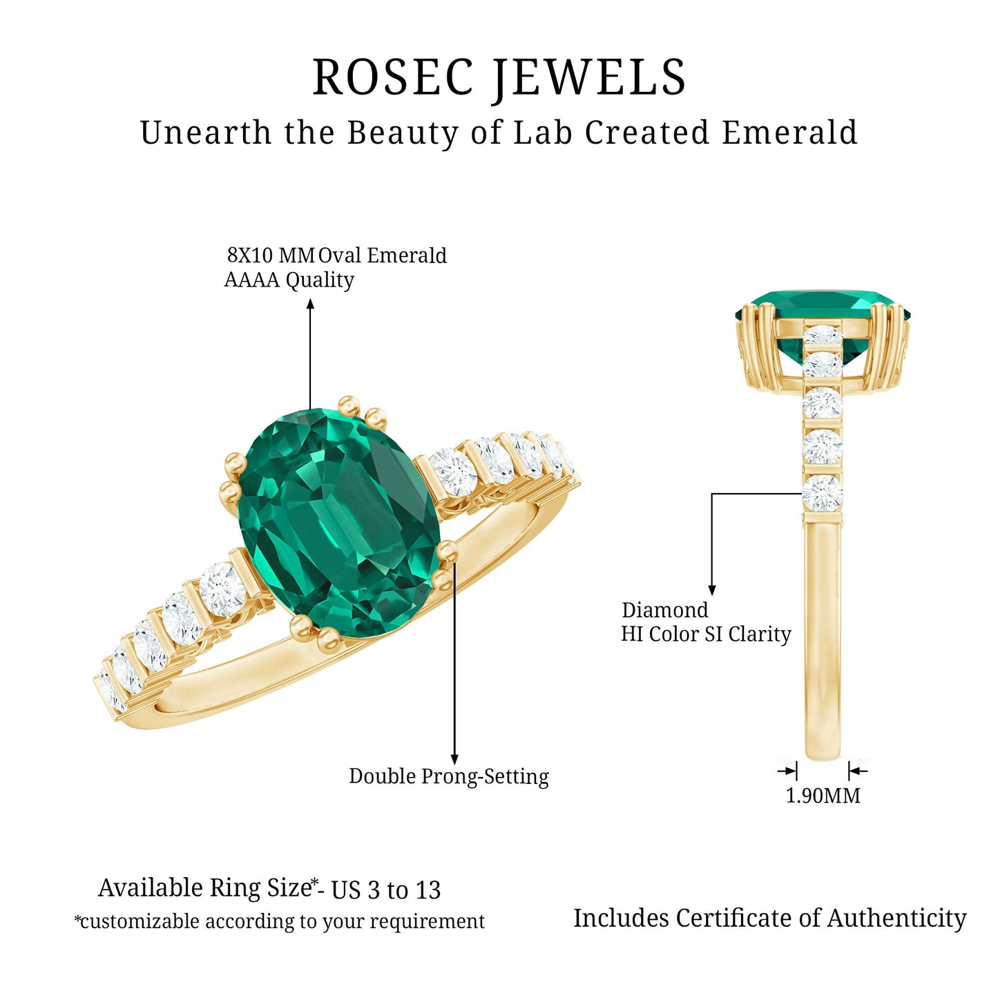 8x10mm Oval Cut Lab Created Emerald Solitaire Engagement Ring with Diamond