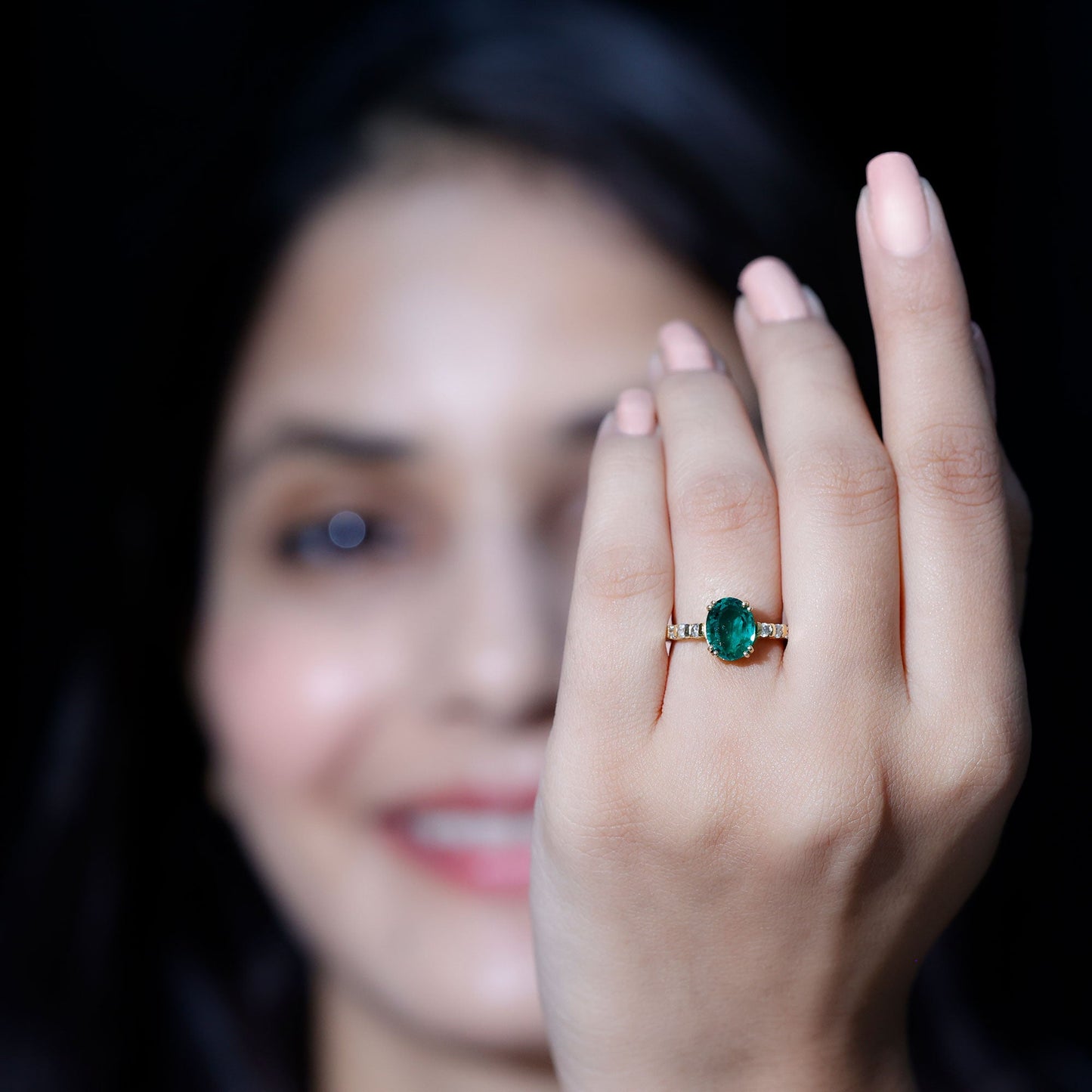 8x10mm Oval Cut Lab Created Emerald Solitaire Engagement Ring with Diamond