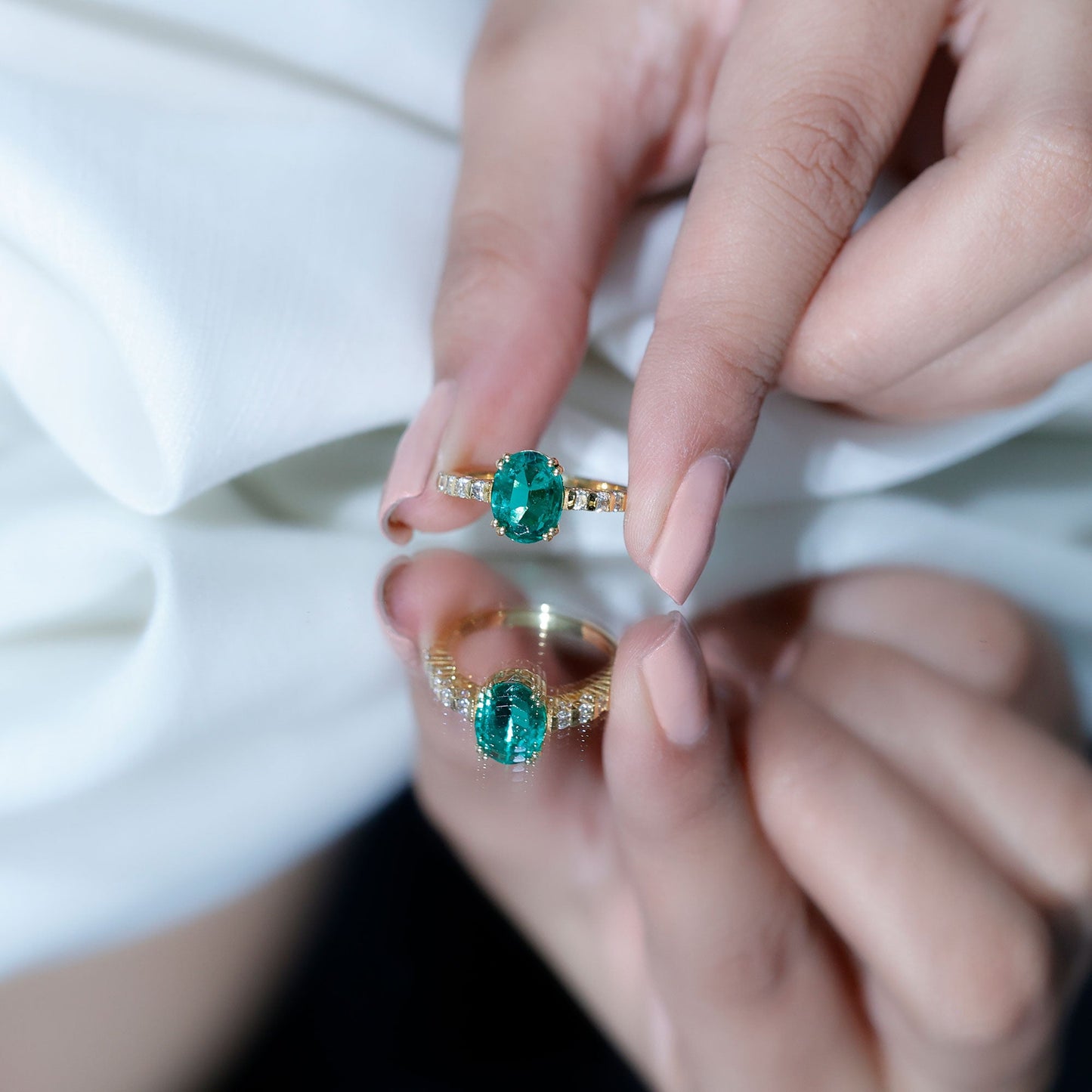 8x10mm Oval Cut Lab Created Emerald Solitaire Engagement Ring with Diamond