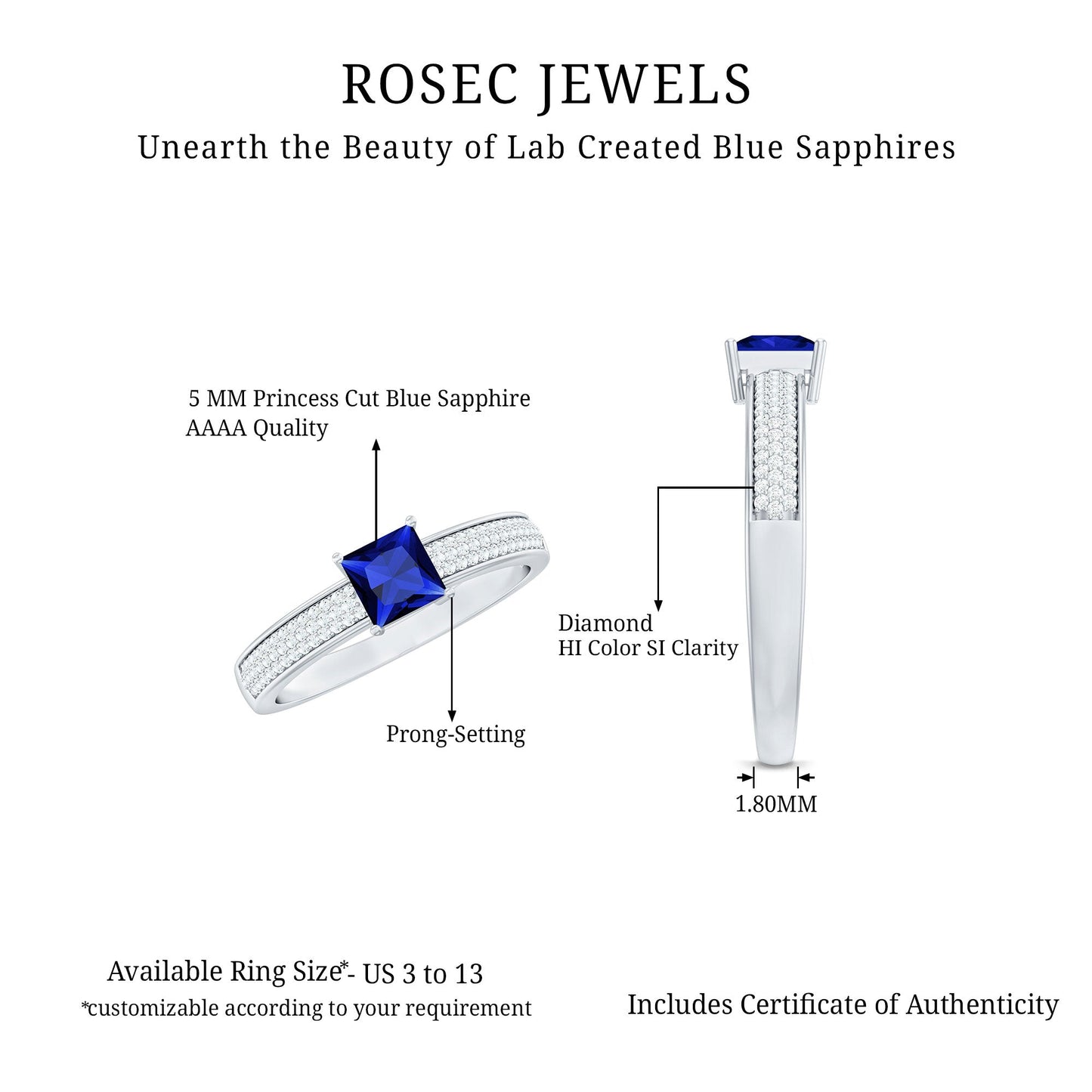 5mm Princess Cut Lab Created Blue Sapphire Promise Ring with Diamond
