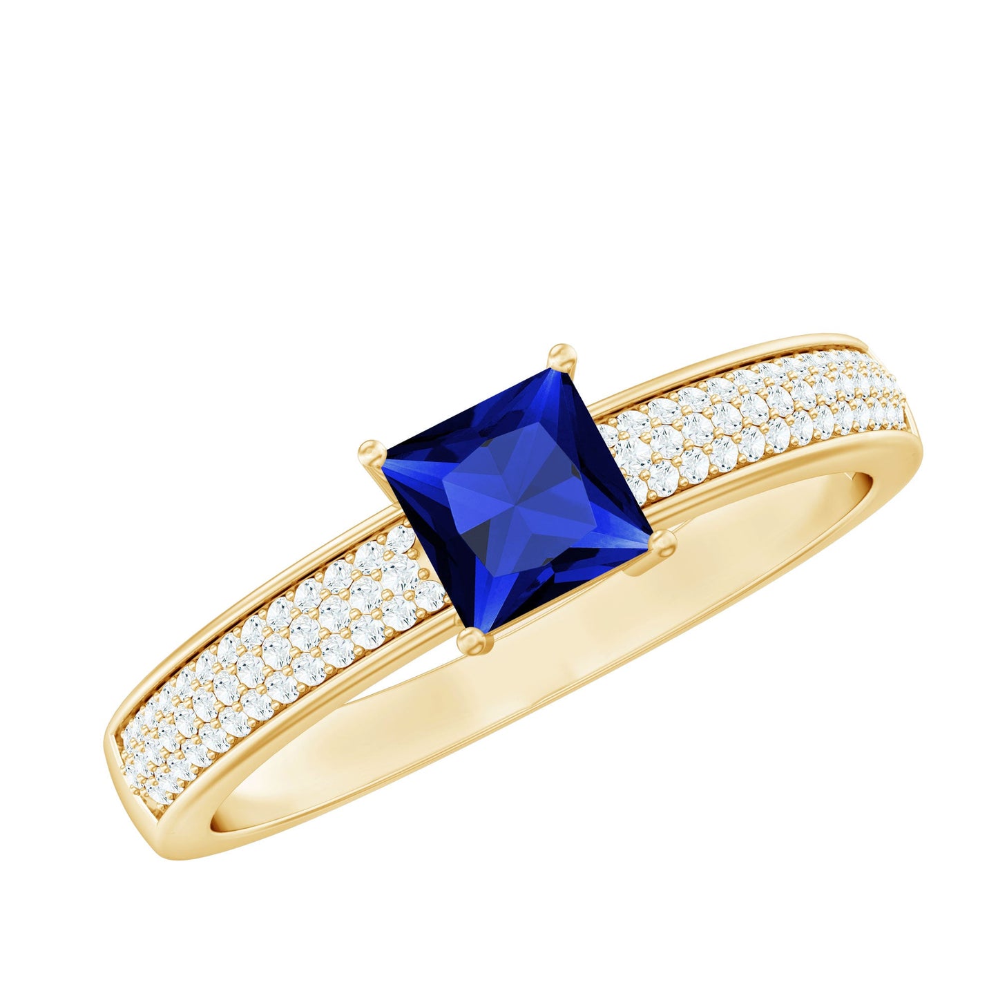 5mm Princess Cut Lab Created Blue Sapphire Promise Ring with Diamond