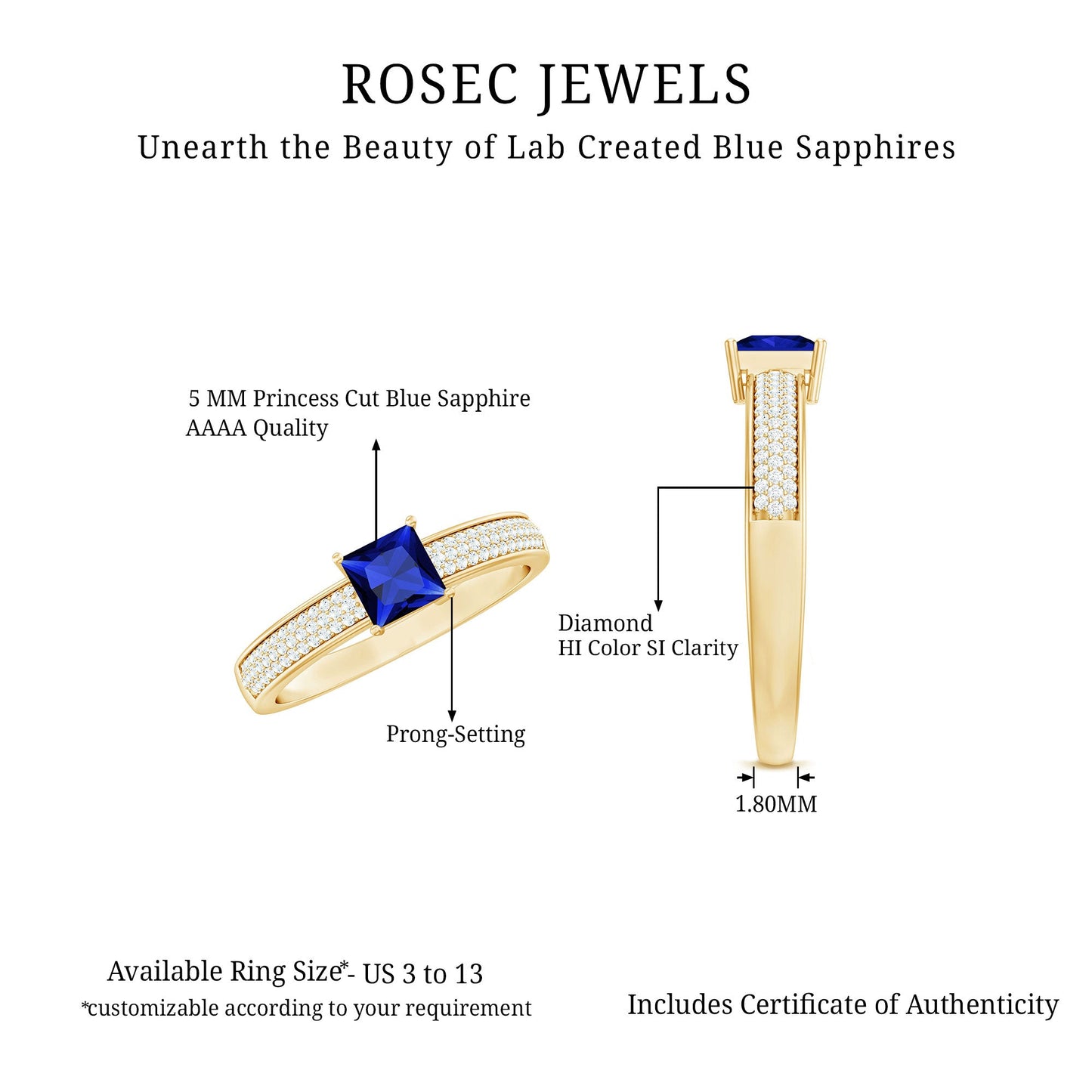 5mm Princess Cut Lab Created Blue Sapphire Promise Ring with Diamond