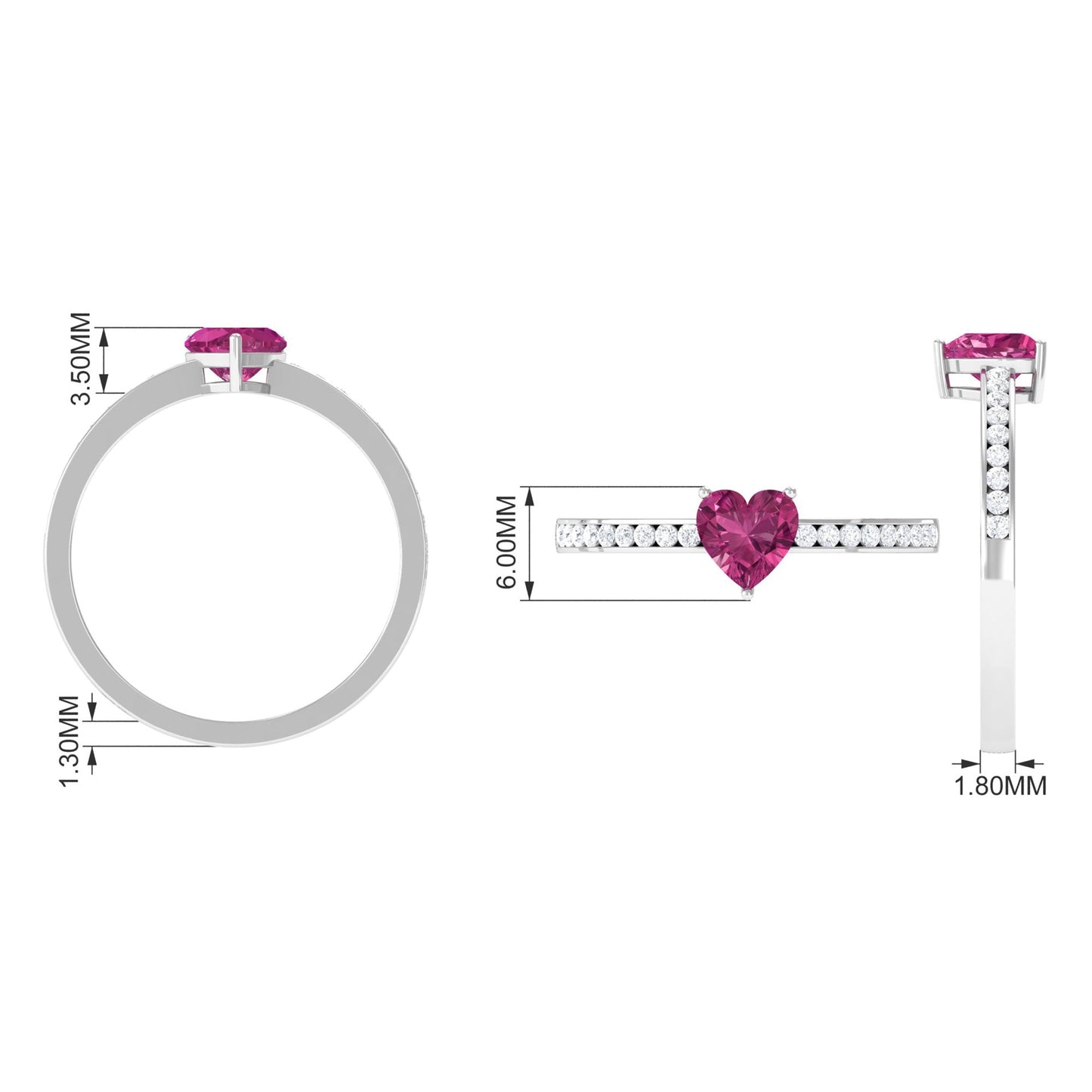 1 CT Heart Shape Pink Tourmaline Solitaire Ring with Diamond Side Stones