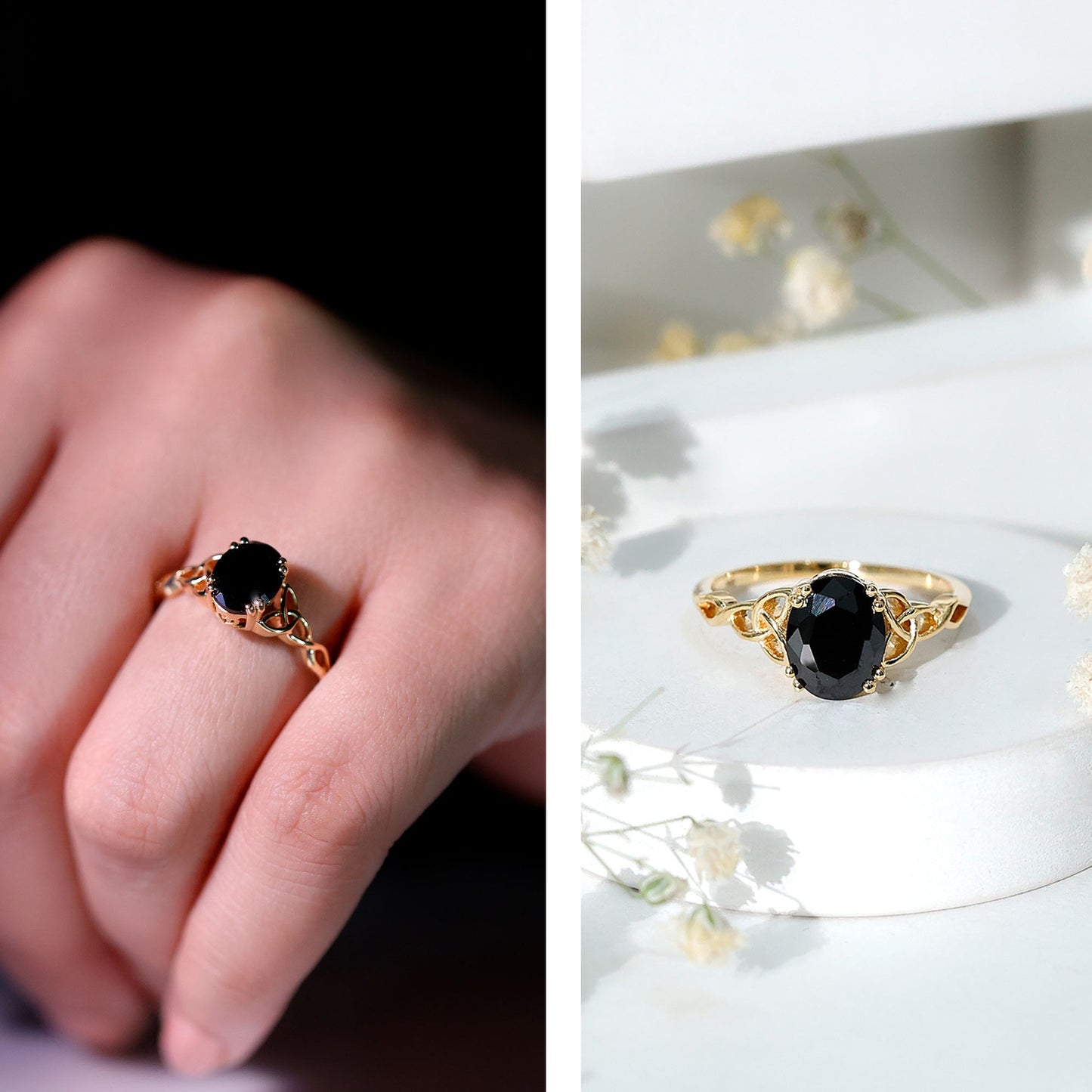 Certified 7X9 MM Oval Black Onyx Celtic Design Engagement Ring