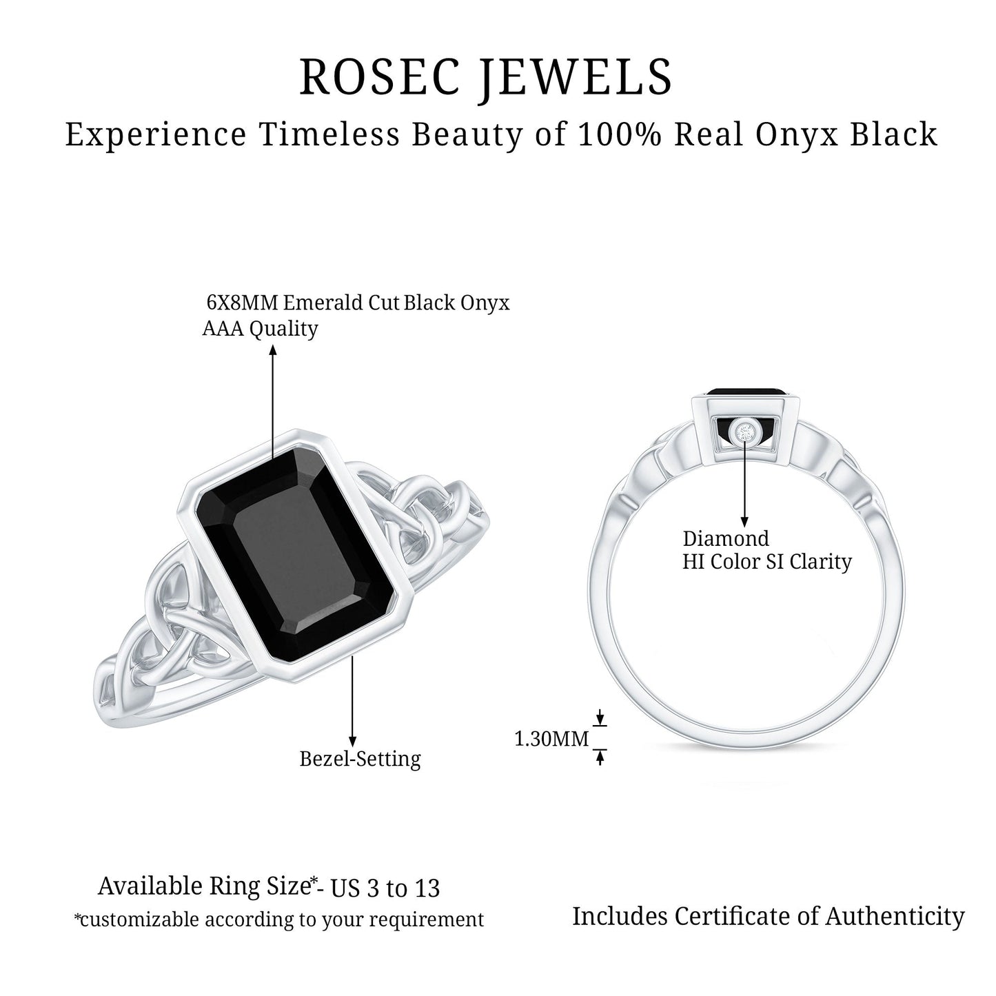 Emerald Cut Black Onyx Bezel Set Engagement Ring with Surprise Diamond