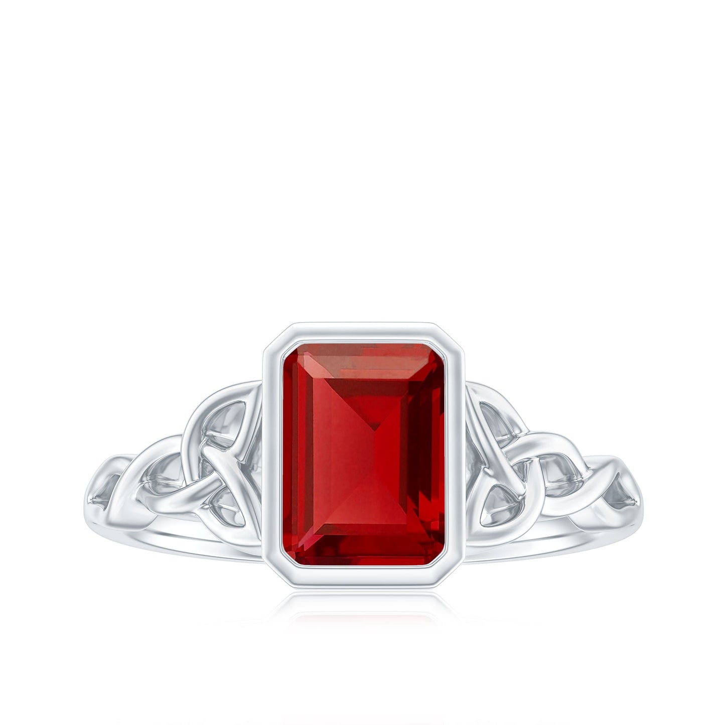 Bezel Set Emerald Cut Lab Created Ruby Celtic Engagement Ring