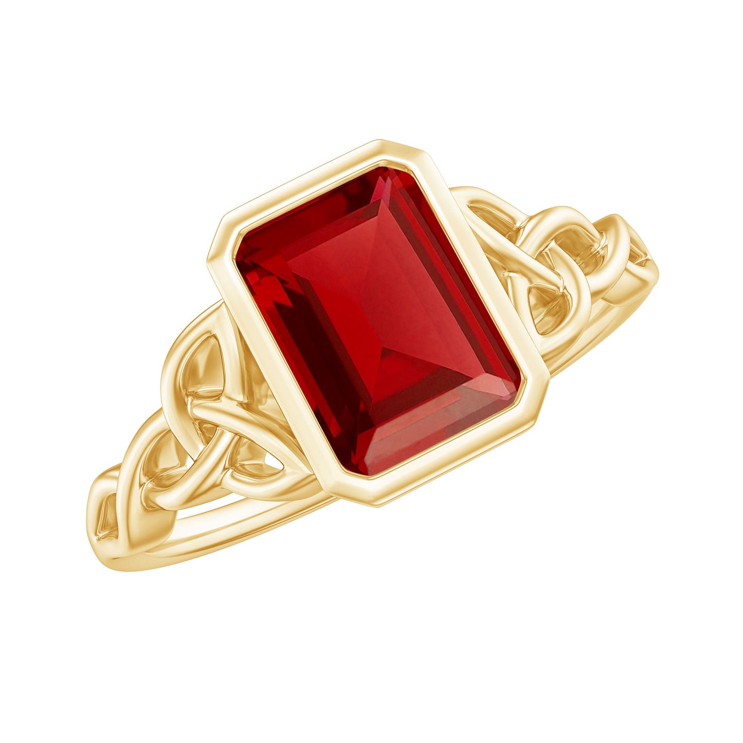 Bezel Set Emerald Cut Lab Created Ruby Celtic Engagement Ring