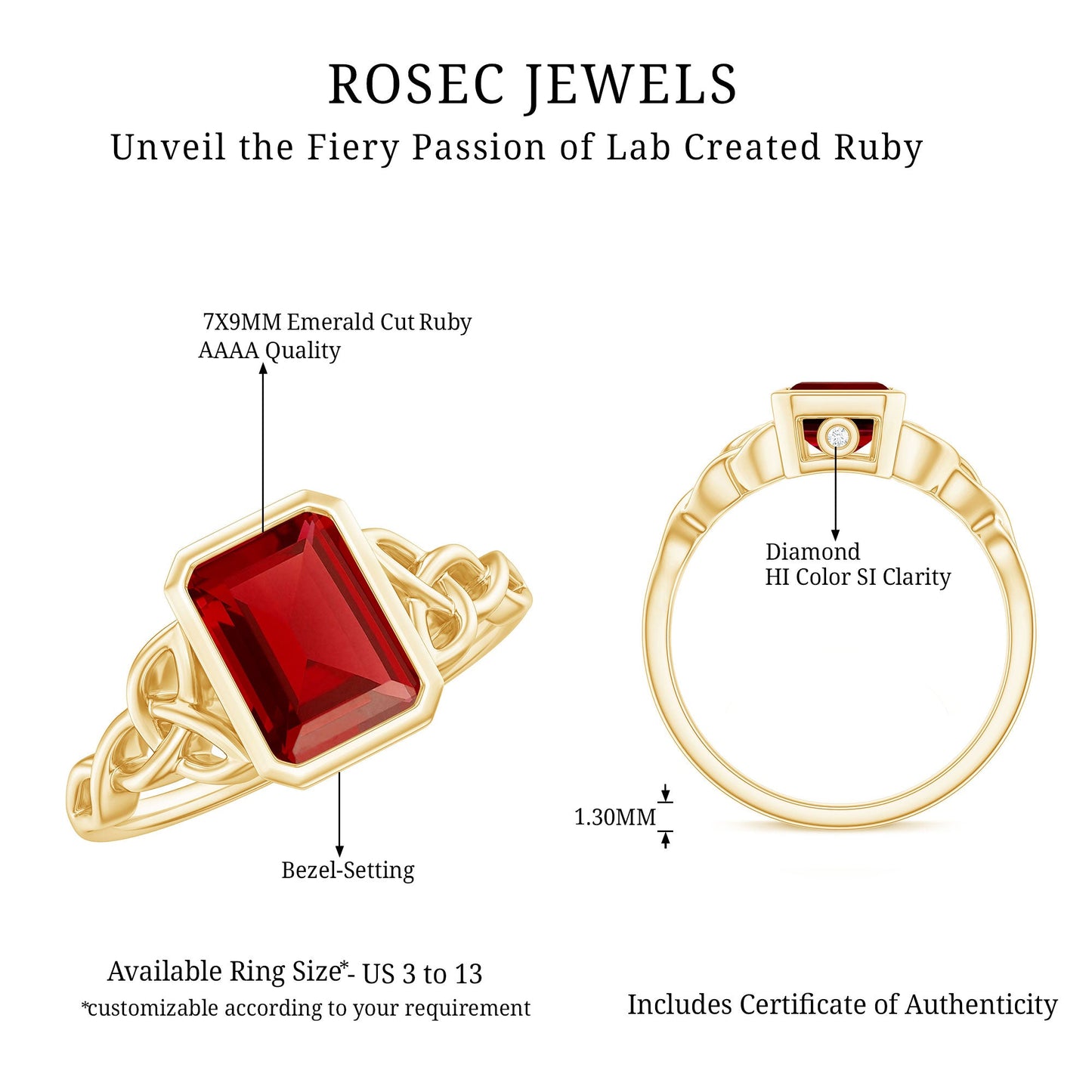 Bezel Set Emerald Cut Lab Created Ruby Celtic Engagement Ring