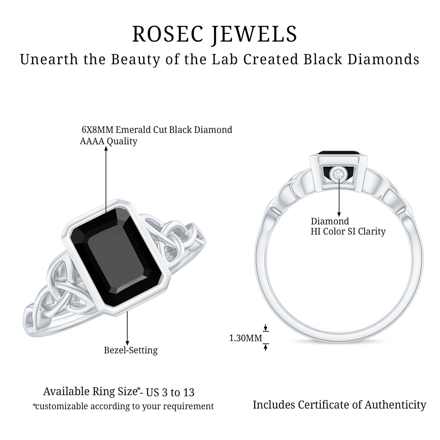 1.6 Carat Lab Grown Black Diamond Celtic Knot Engagement Ring with Surprise White Diamond
