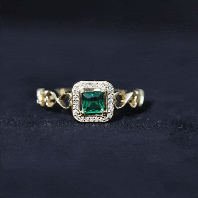 Lab Grown Emerald Princess Cut Promise Ring with Diamond Halo