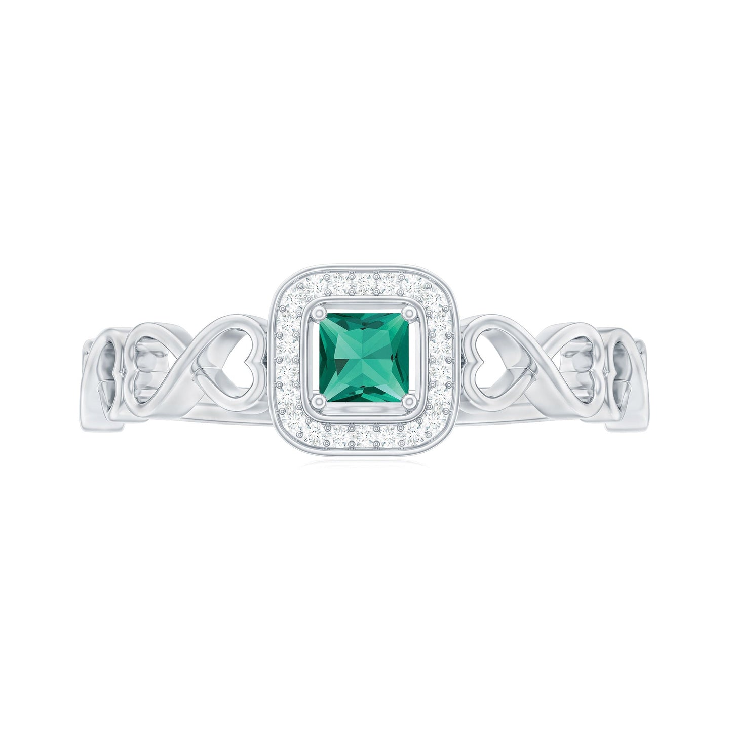 Lab Grown Emerald Princess Cut Promise Ring with Diamond Halo